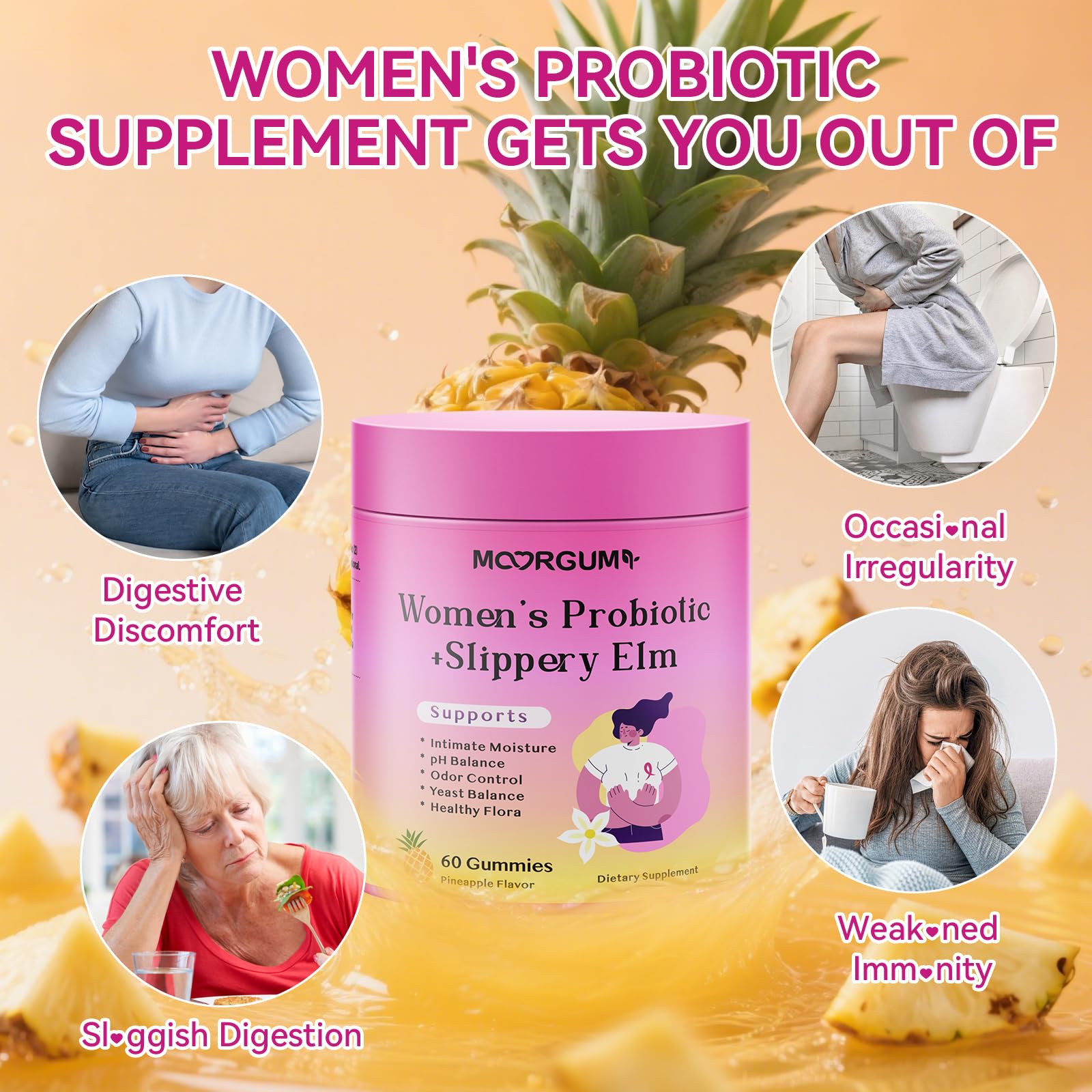 MOORGUMY Probiotic Gummies displayed with fresh pineapple