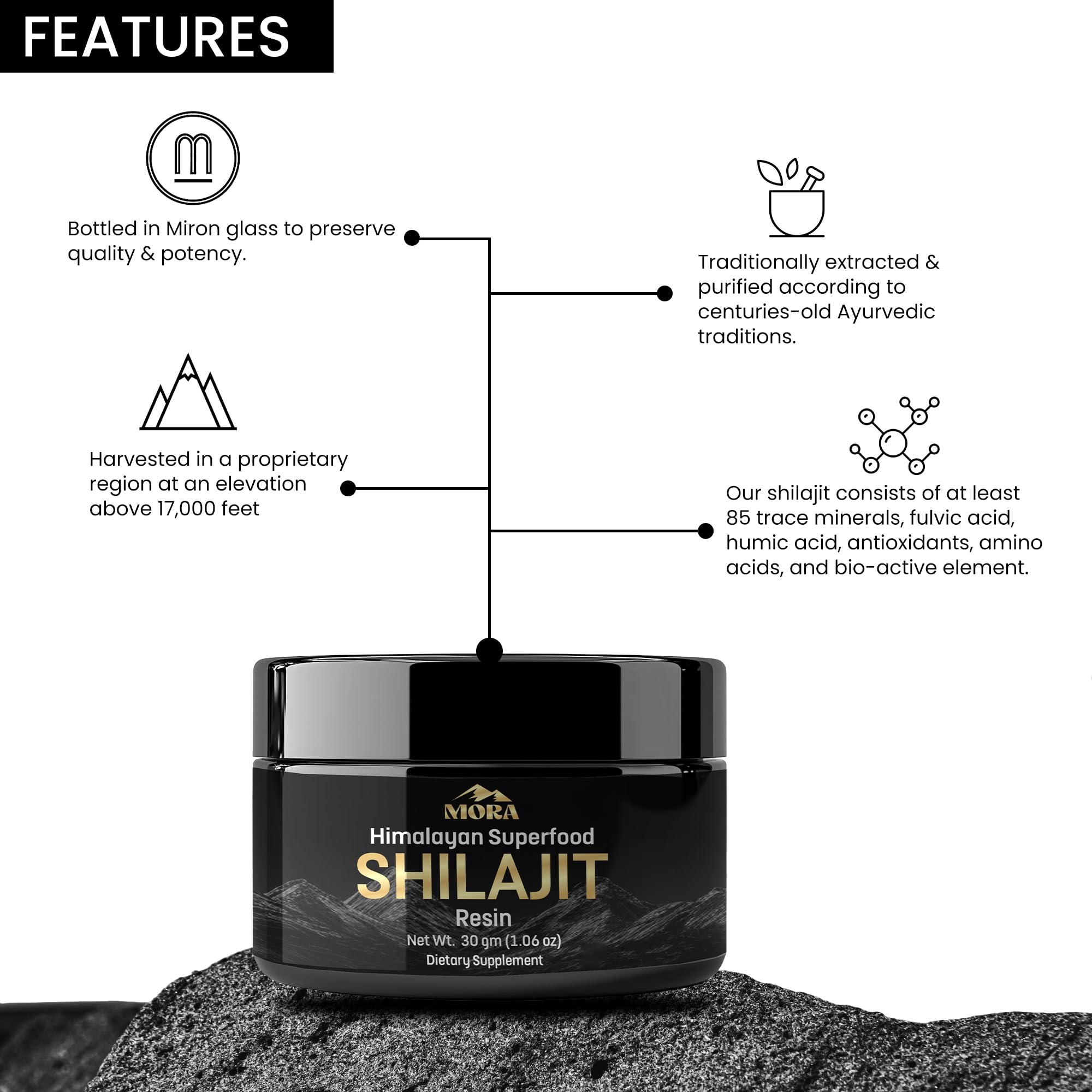 MORA IMPEX Himalayan Shilajit Resin 30g jar opened with resin visible