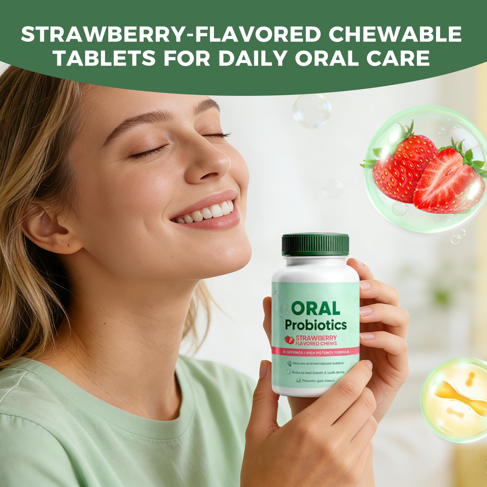 MORANDEE Strawberry Chewable Probiotics with fresh strawberries