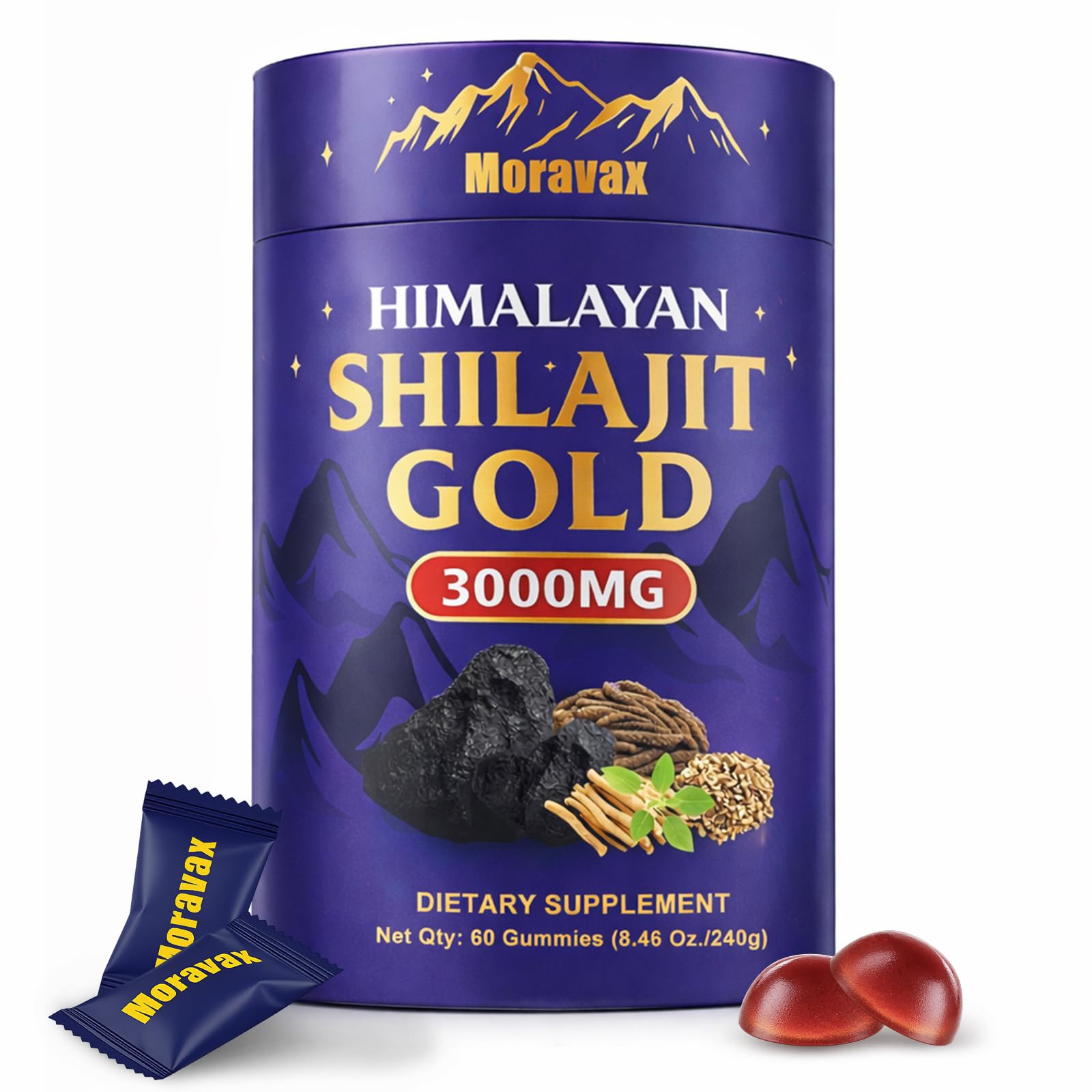 Moravax Shilajit Gummies front view with packaging