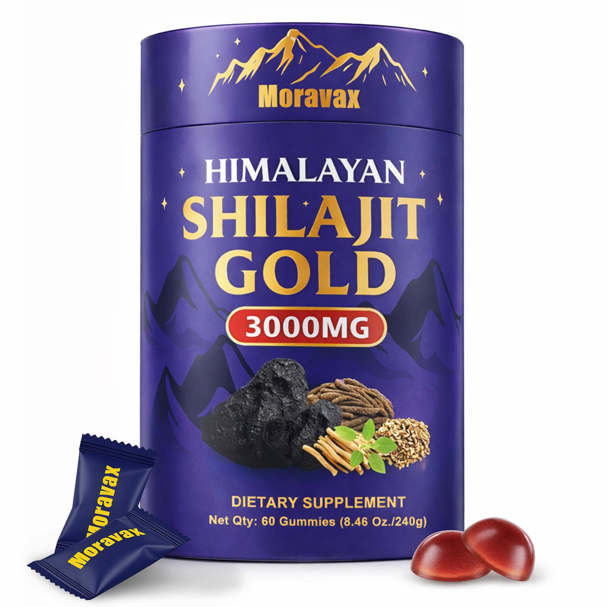 Moravax Shilajit Gummies front view with packaging