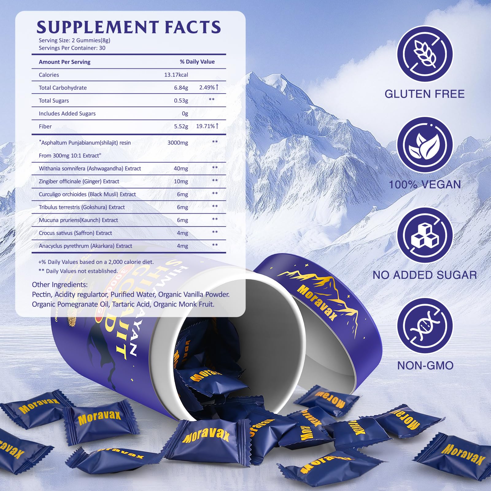 Moravax Shilajit Gummies ingredients list on packaging