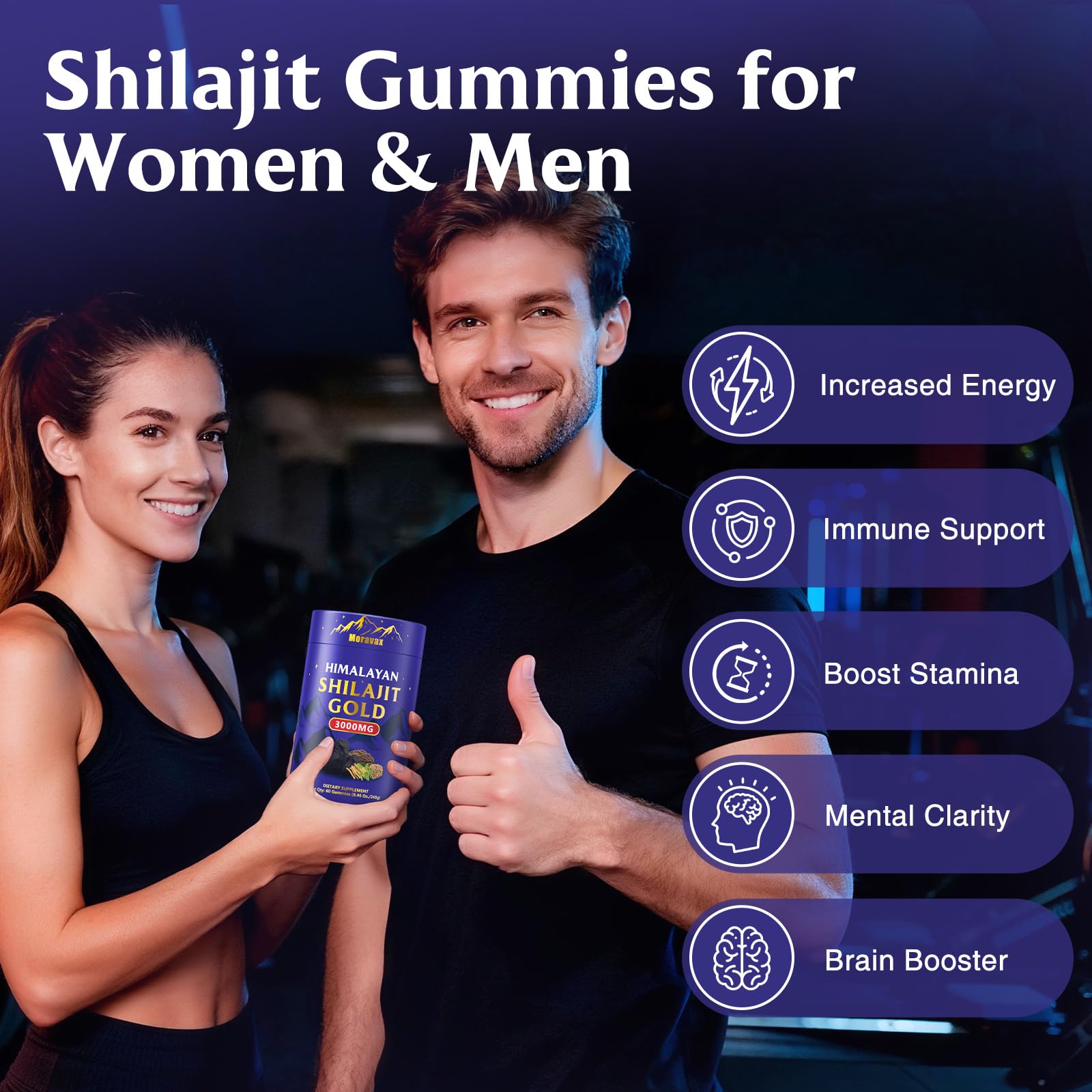 Moravax Shilajit Gummies with a scenic Himalayan background