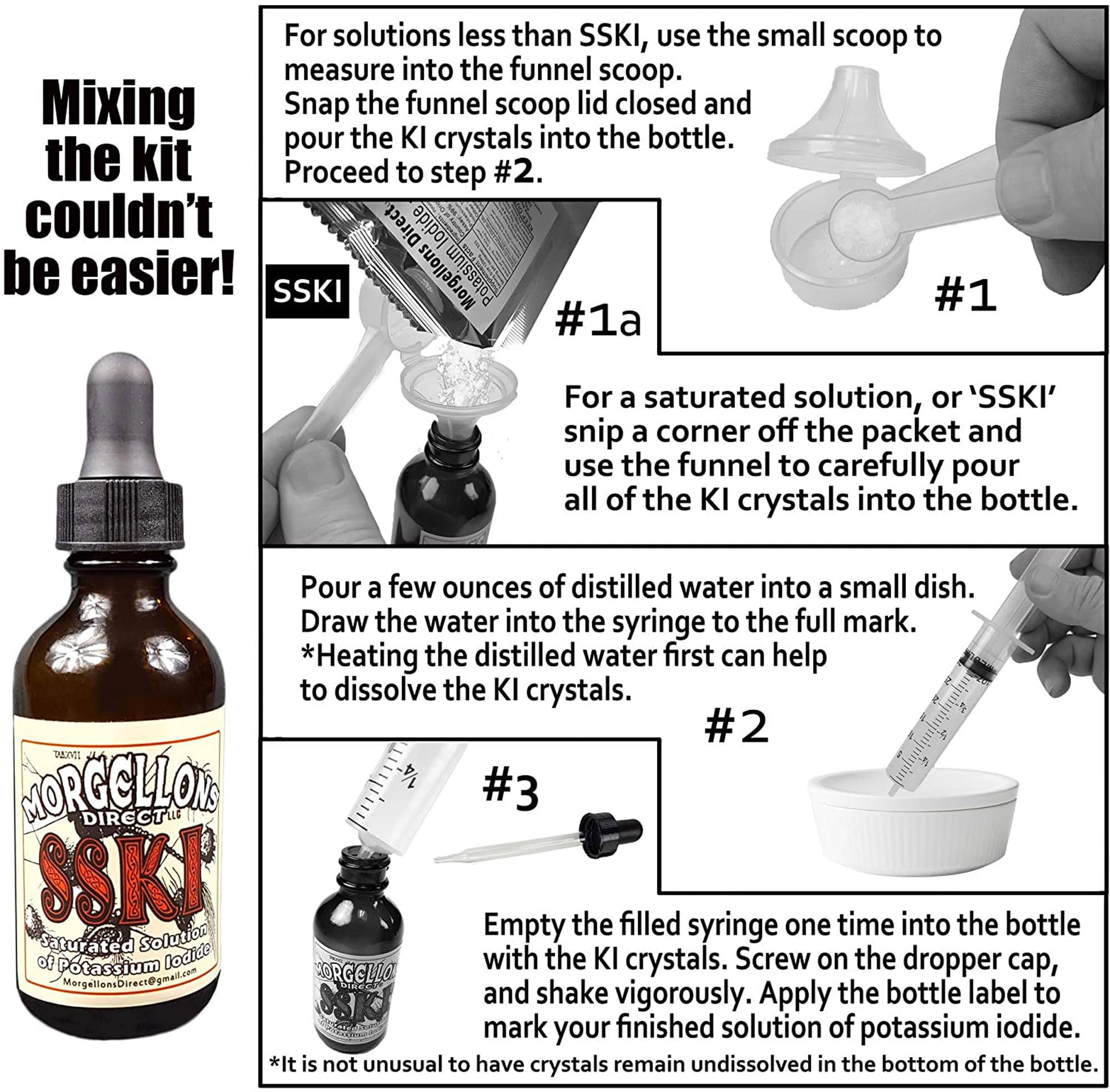 Morgellons Direct Potassium Iodide Mixing Kit contents including mixing instructions