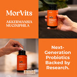 Morvits Akkermansia Probiotic Capsules with a glass of water