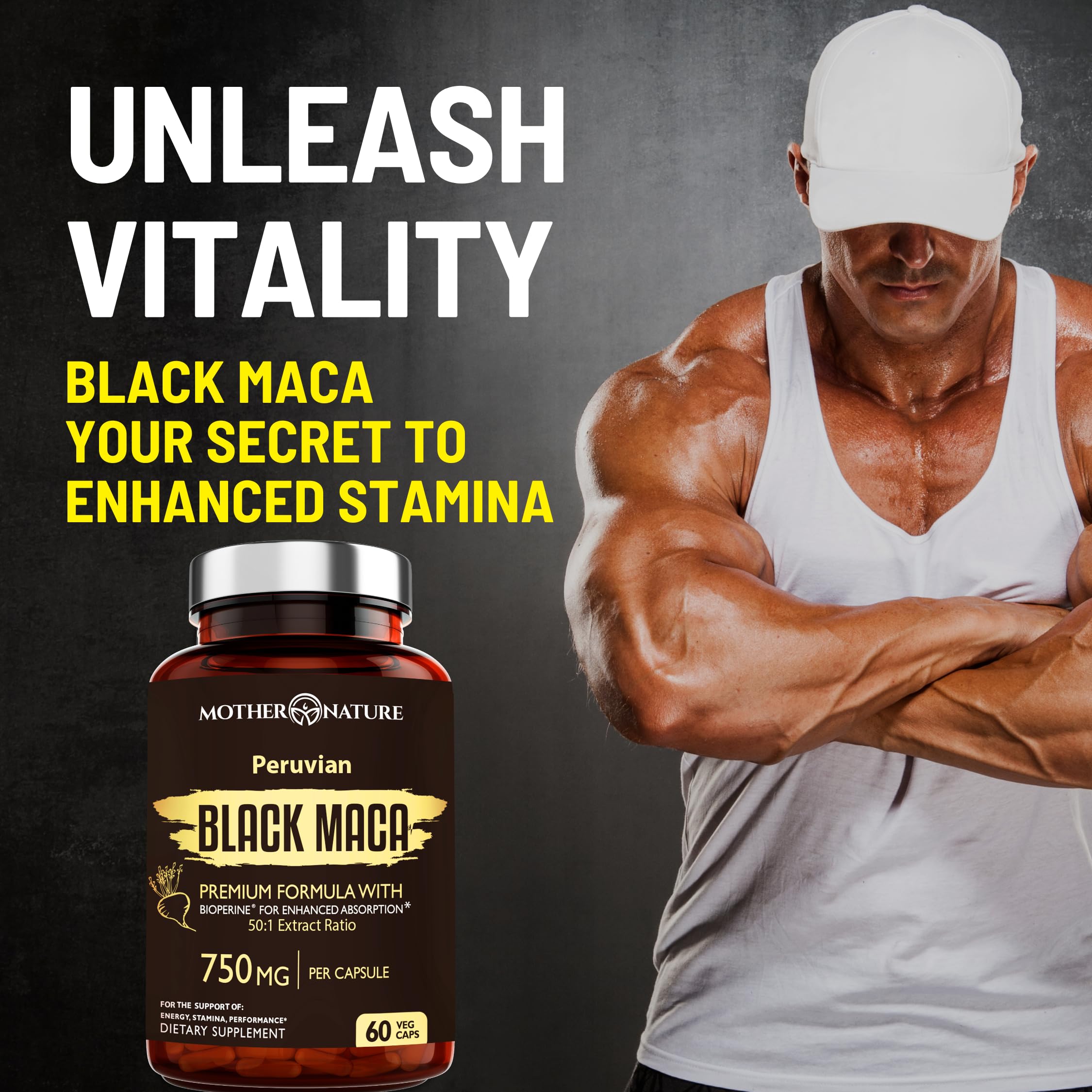 Mother Nature Organics Black Maca Capsules on wooden table
