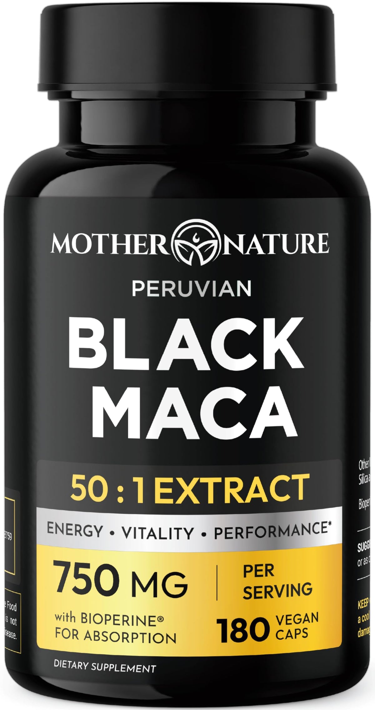 Mother Nature Organics Black Maca Root Capsules 180 count front view