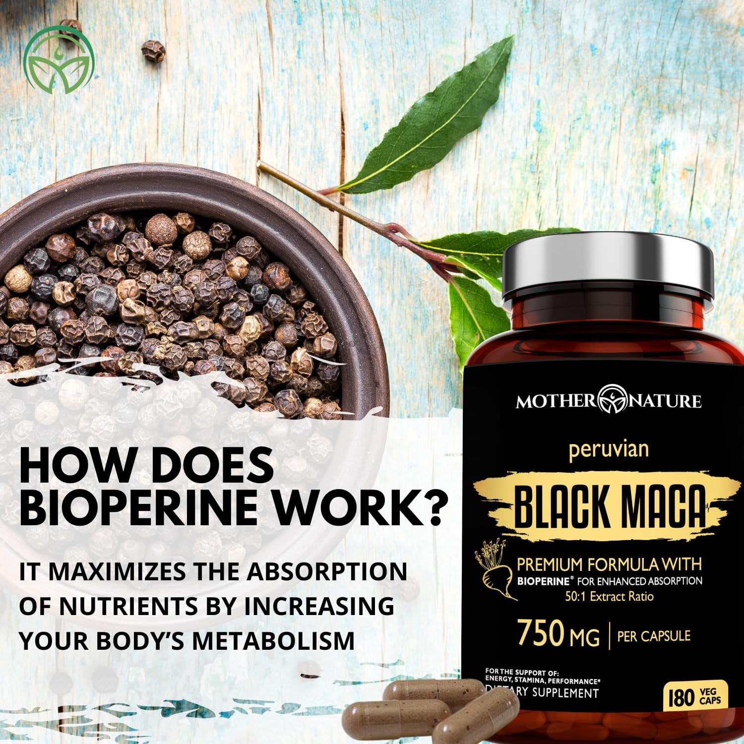 Mother Nature Organics Black Maca Root Capsules opened with capsules visible