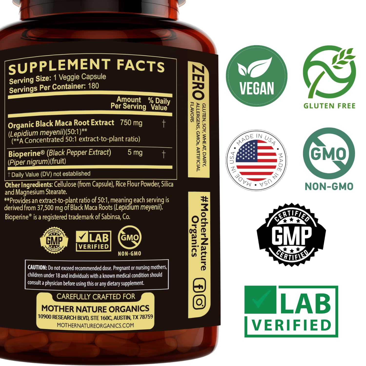Mother Nature Organics Black Maca Root Capsules with measuring spoon