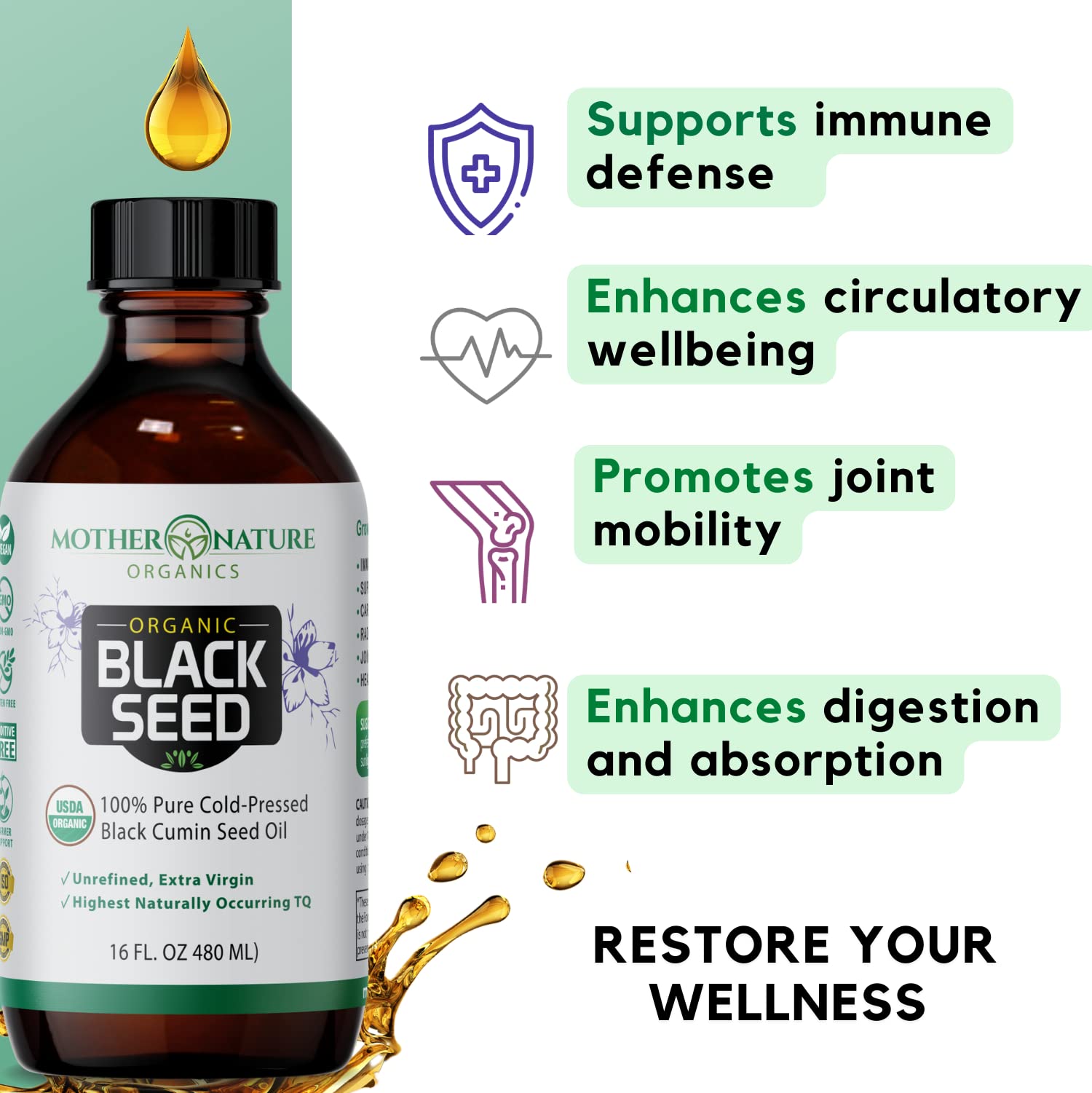 Mother Nature Organics Black Seed Oil 454g in a kitchen setting