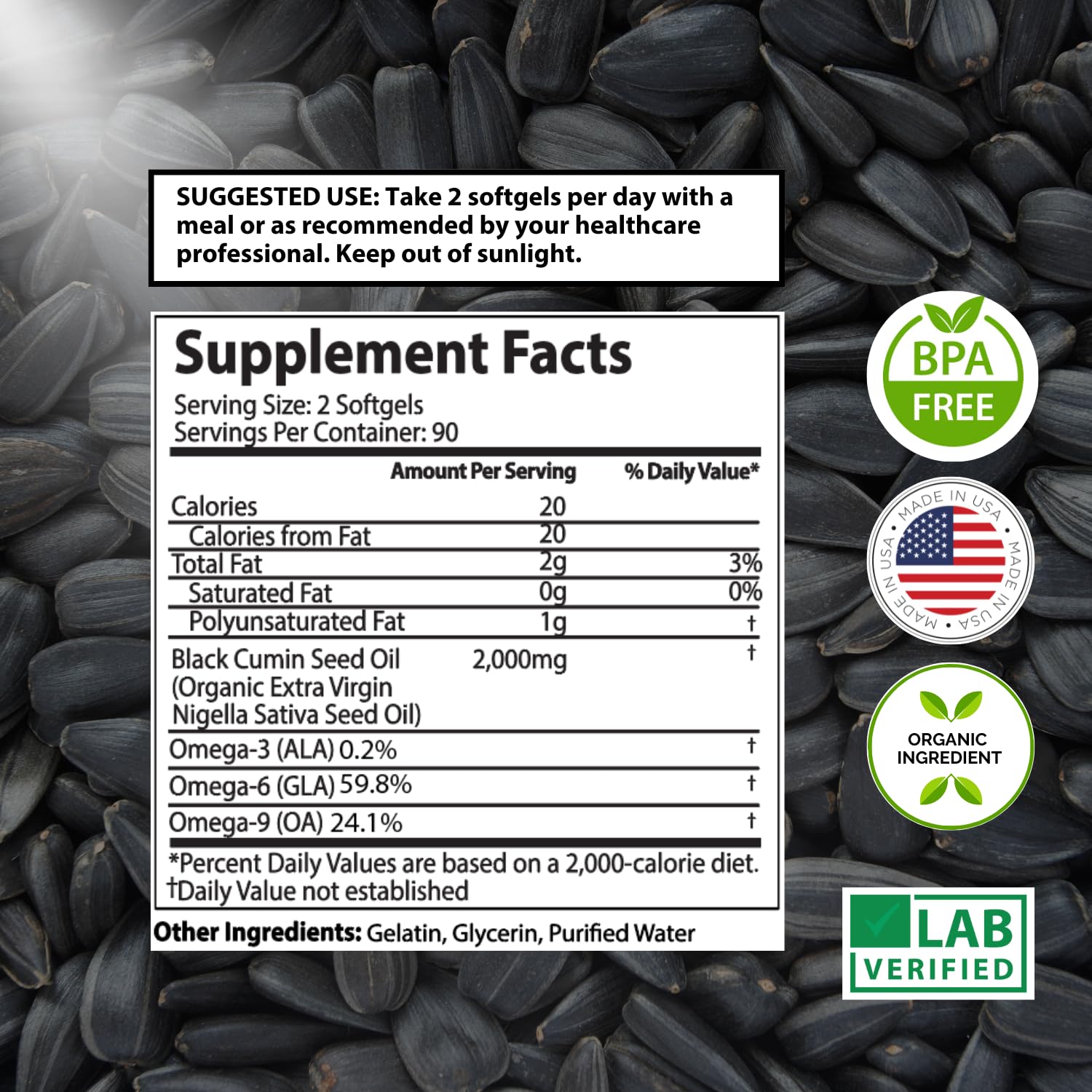 Mother Nature Organics Black Seed Oil Softgels bottle on a wooden table