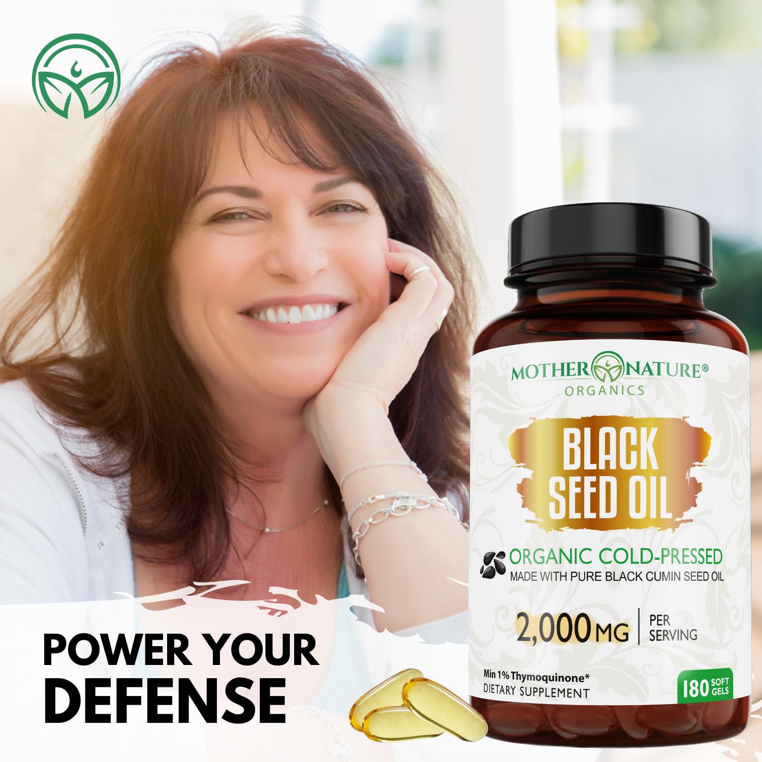 Mother Nature Organics Black Seed Oil Softgels displayed with fresh Nigella sativa seeds