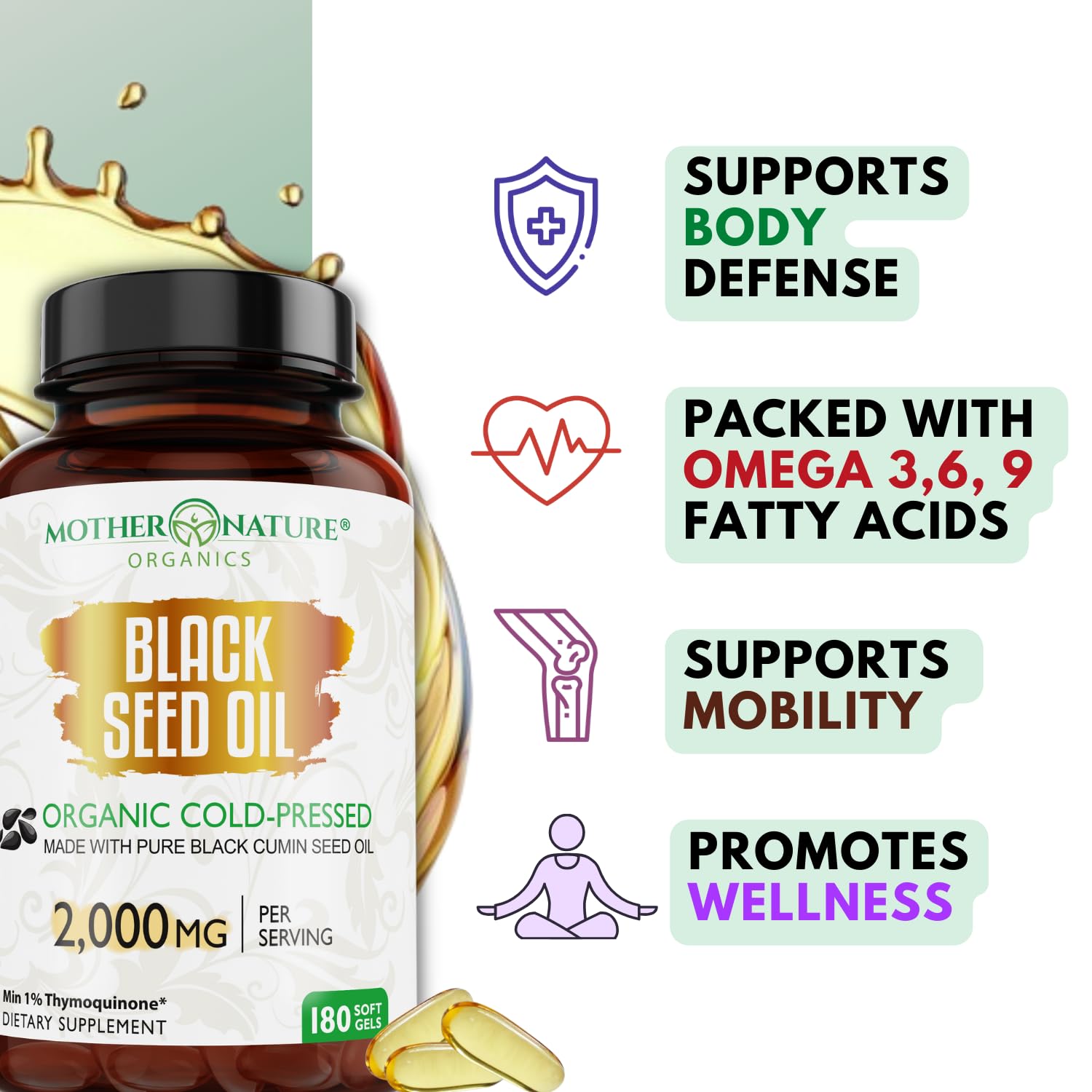 Mother Nature Organics Black Seed Oil Softgels lifestyle scene with a glass of water