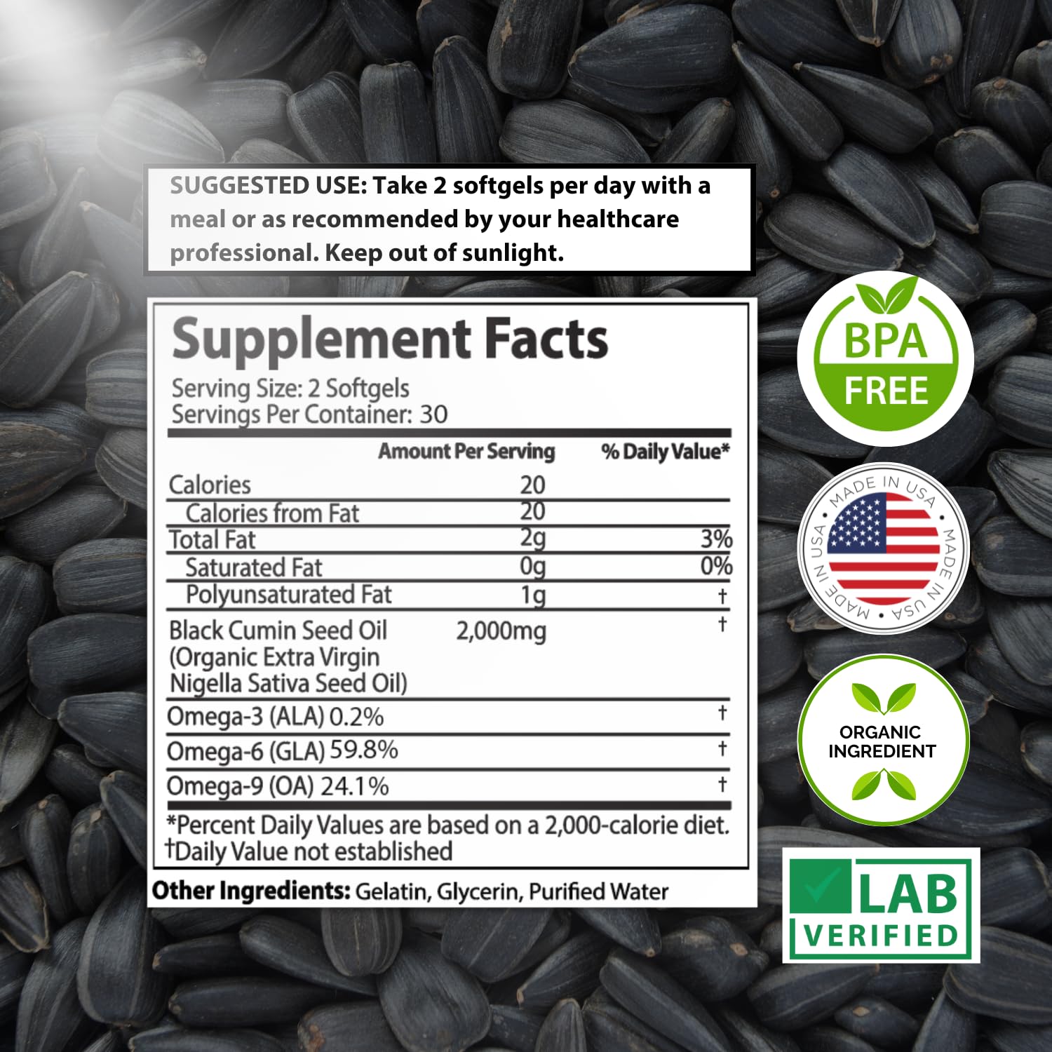 Mother Nature Organics Black Seed Oil softgels on a wooden surface