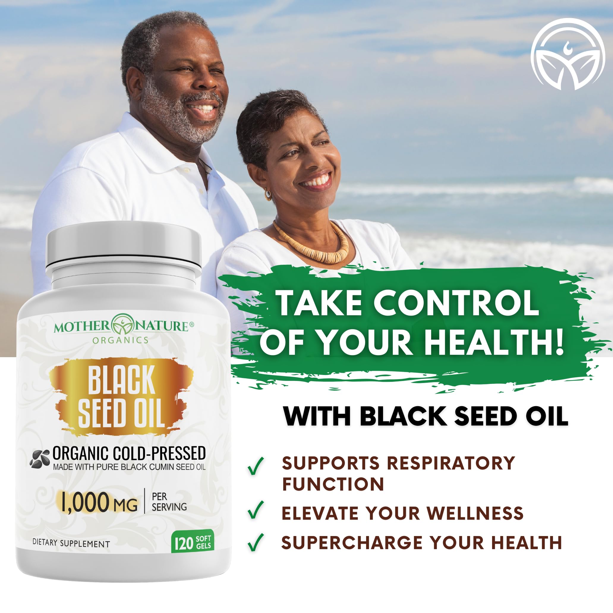 Mother Nature Organics Black Seed Oil Softgels on a wooden table