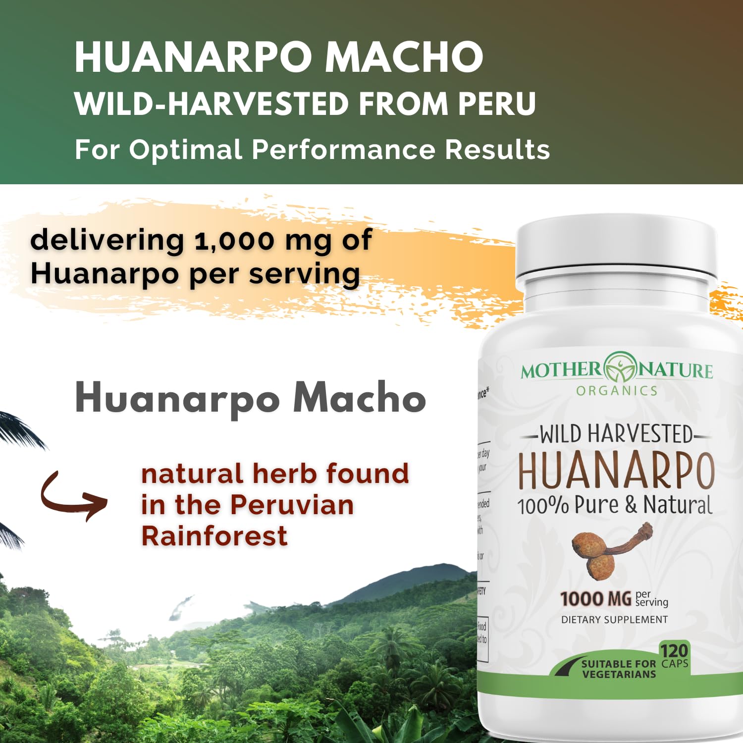 Mother Nature Organics Huanarpo Macho capsules displayed with herbs