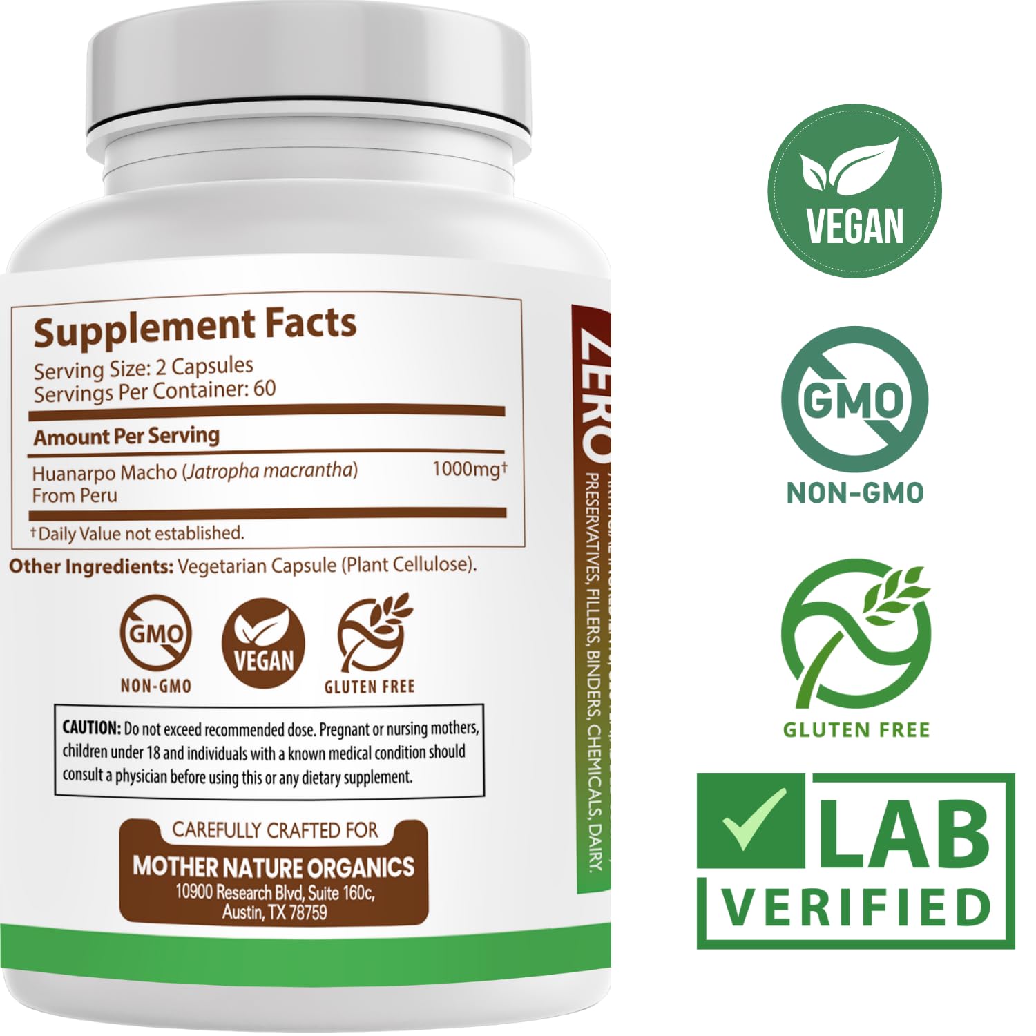Mother Nature Organics Huanarpo Macho capsules on a wooden table