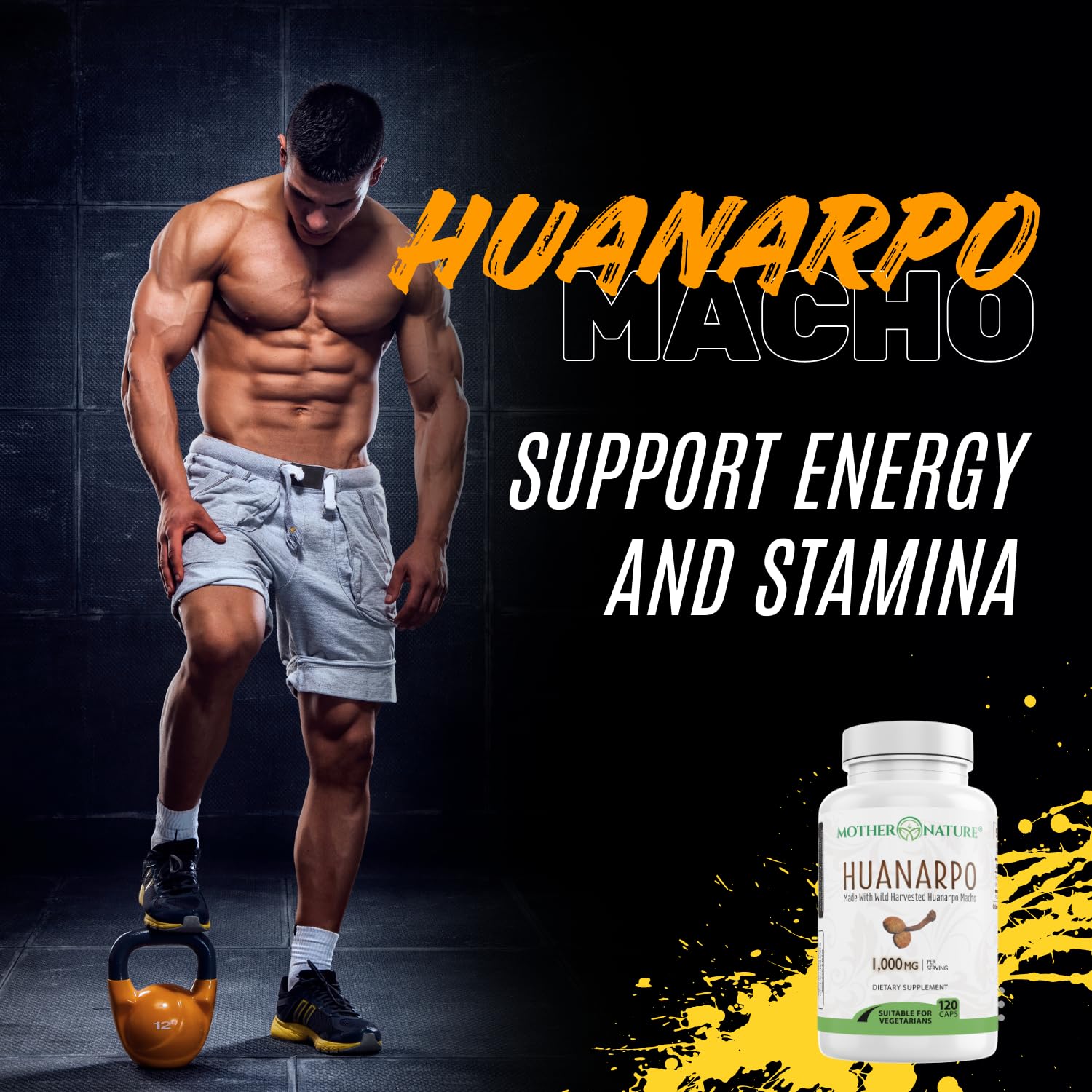 Mother Nature Organics Huanarpo Macho capsules with a measuring spoon