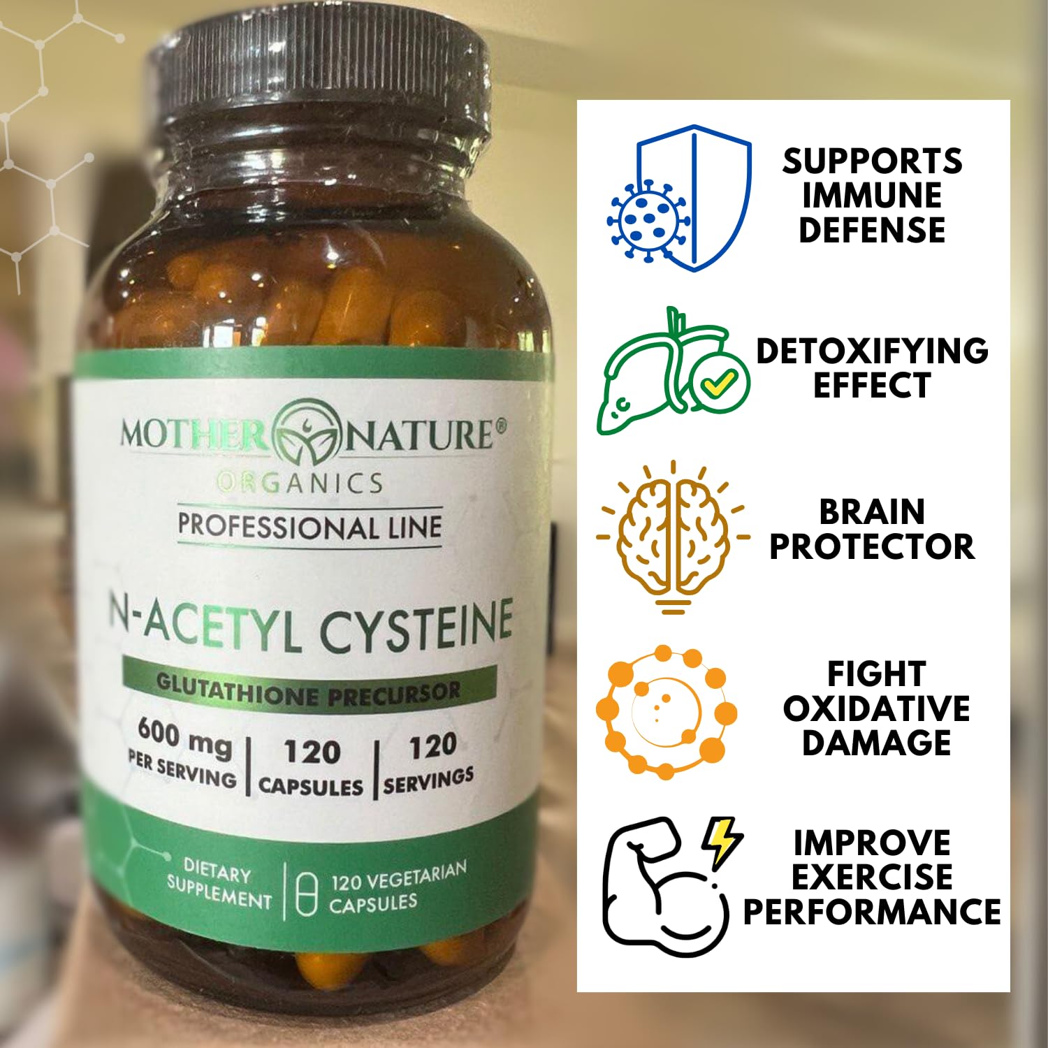 Mother Nature Organics NAC 600mg capsules in a health setting