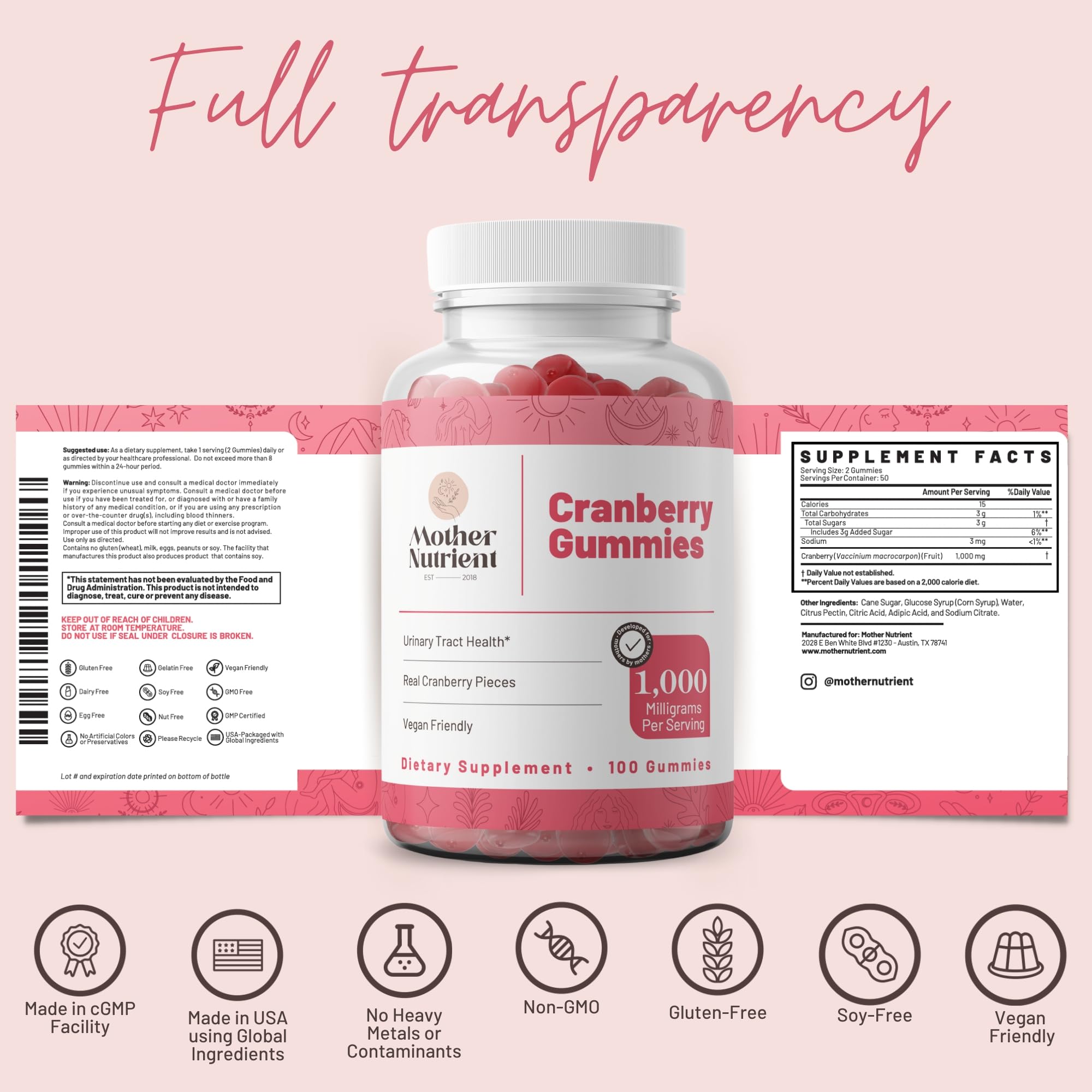 Mother Nutrient Cranberry Gummies 100 Count with fresh cranberries