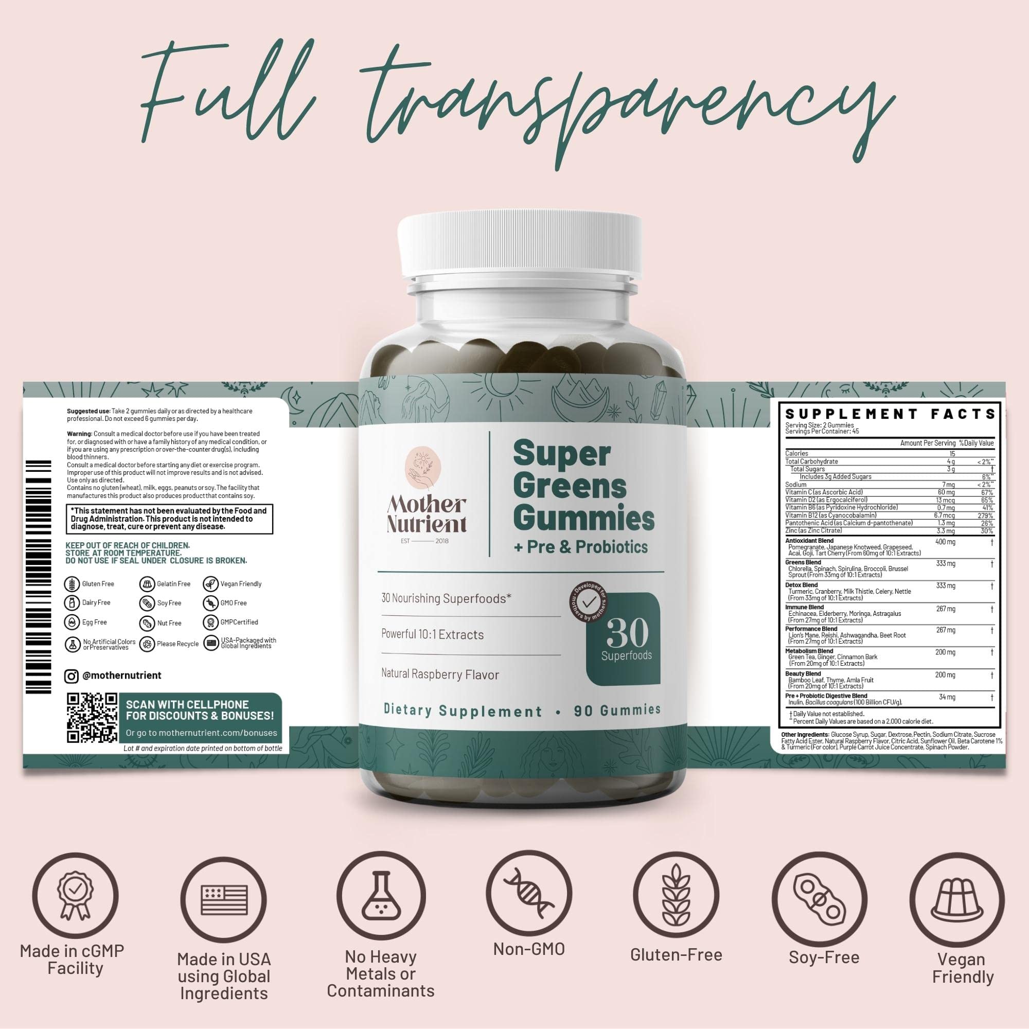 Mother Nutrient Daily Greens Chewable Gummies natural raspberry flavour