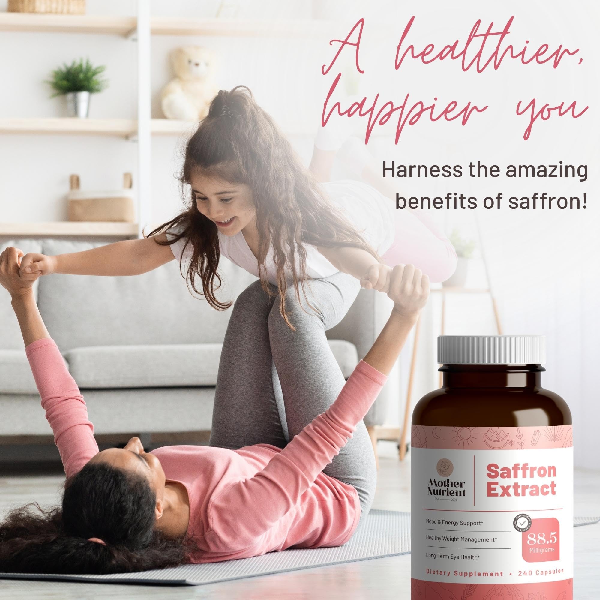 Mother Nutrient Saffron Extract Supplements bottle side view