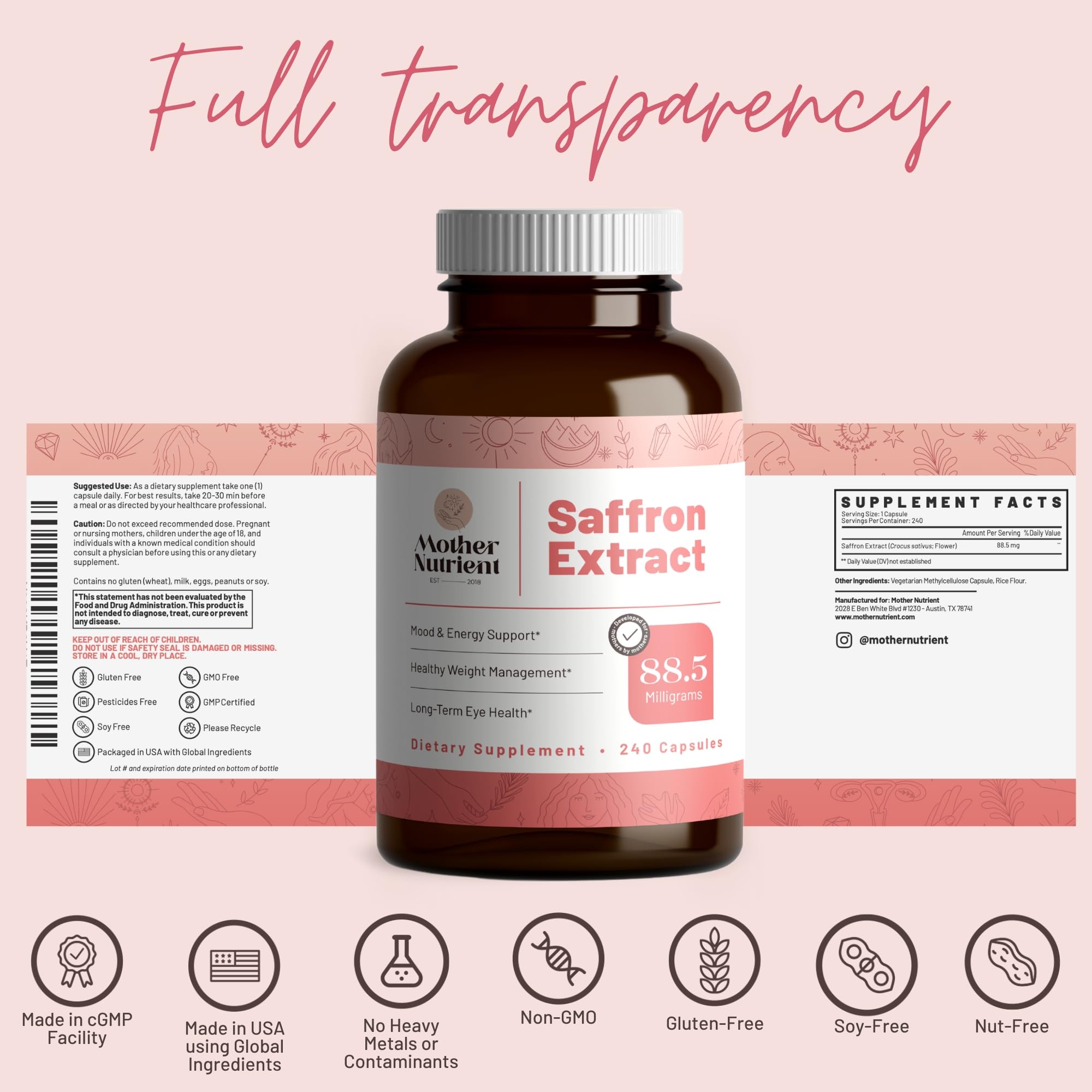 Mother Nutrient Saffron Extract Supplements on a wooden table