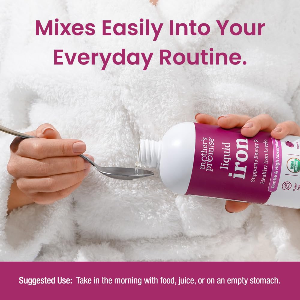 Mother's Promise Liquid Iron Supplement pouring into a spoon