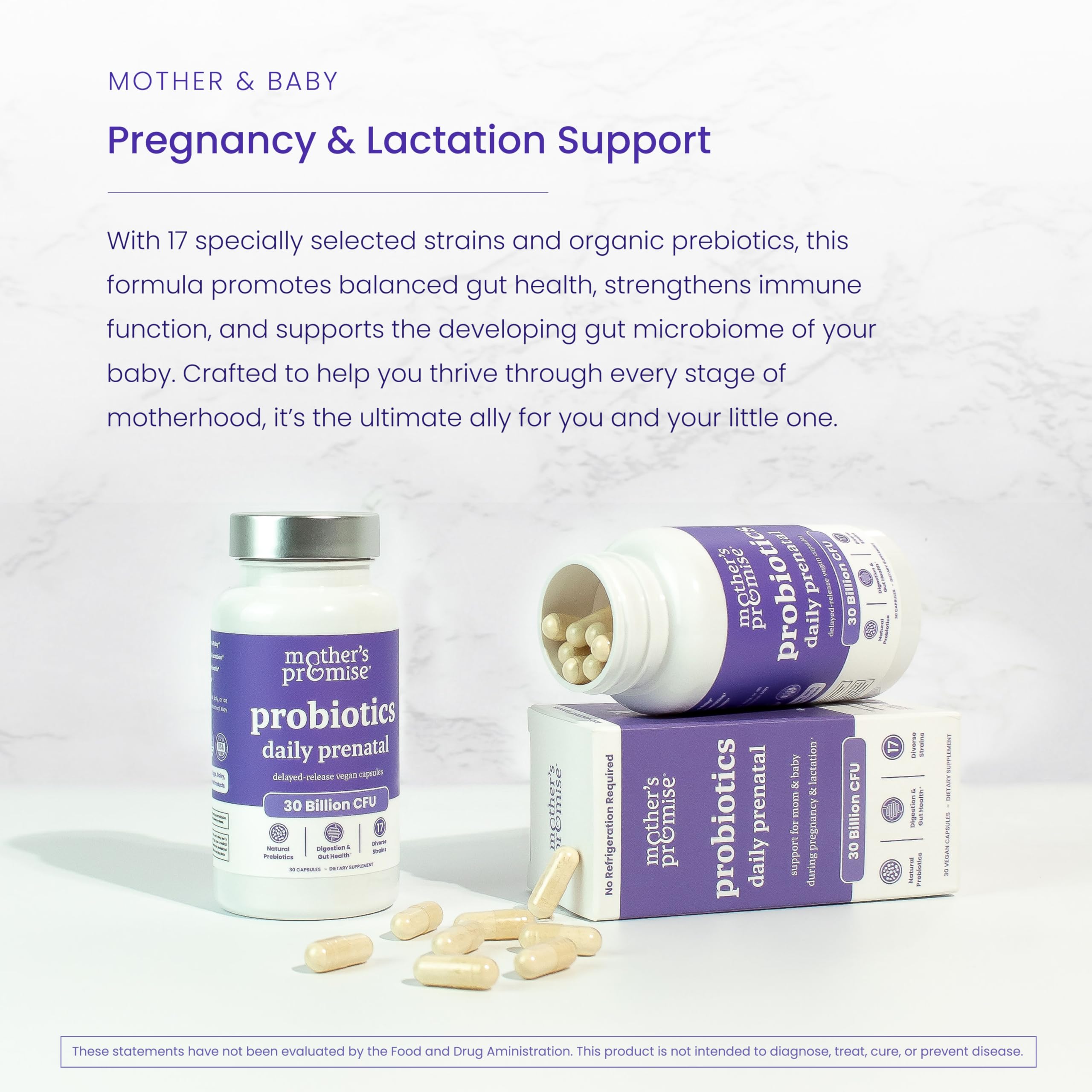 Mother's Promise Prenatal Probiotics 30 Billion CFU capsule on a table