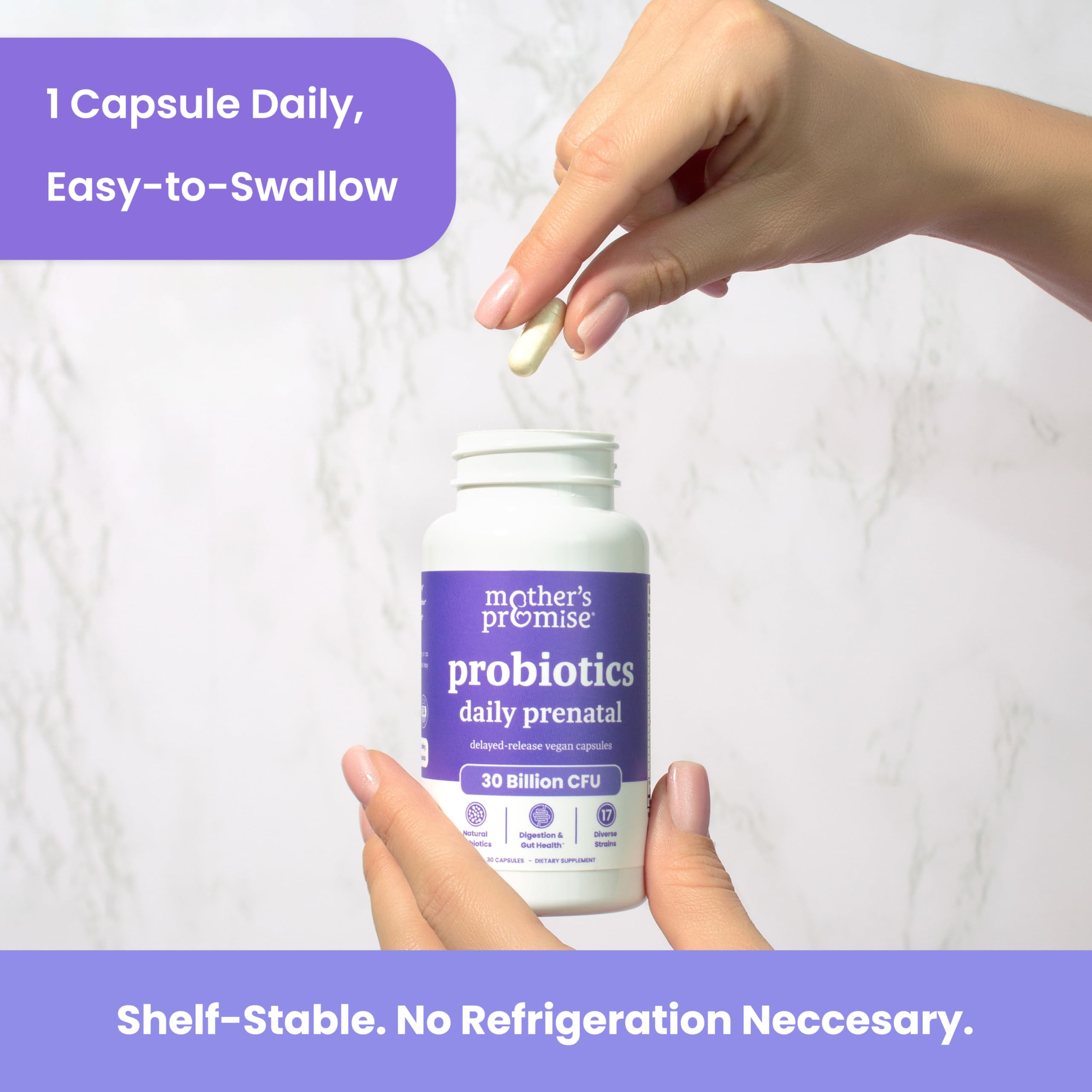 Mother's Promise Prenatal Probiotics 30 Billion CFU capsule with measuring spoon
