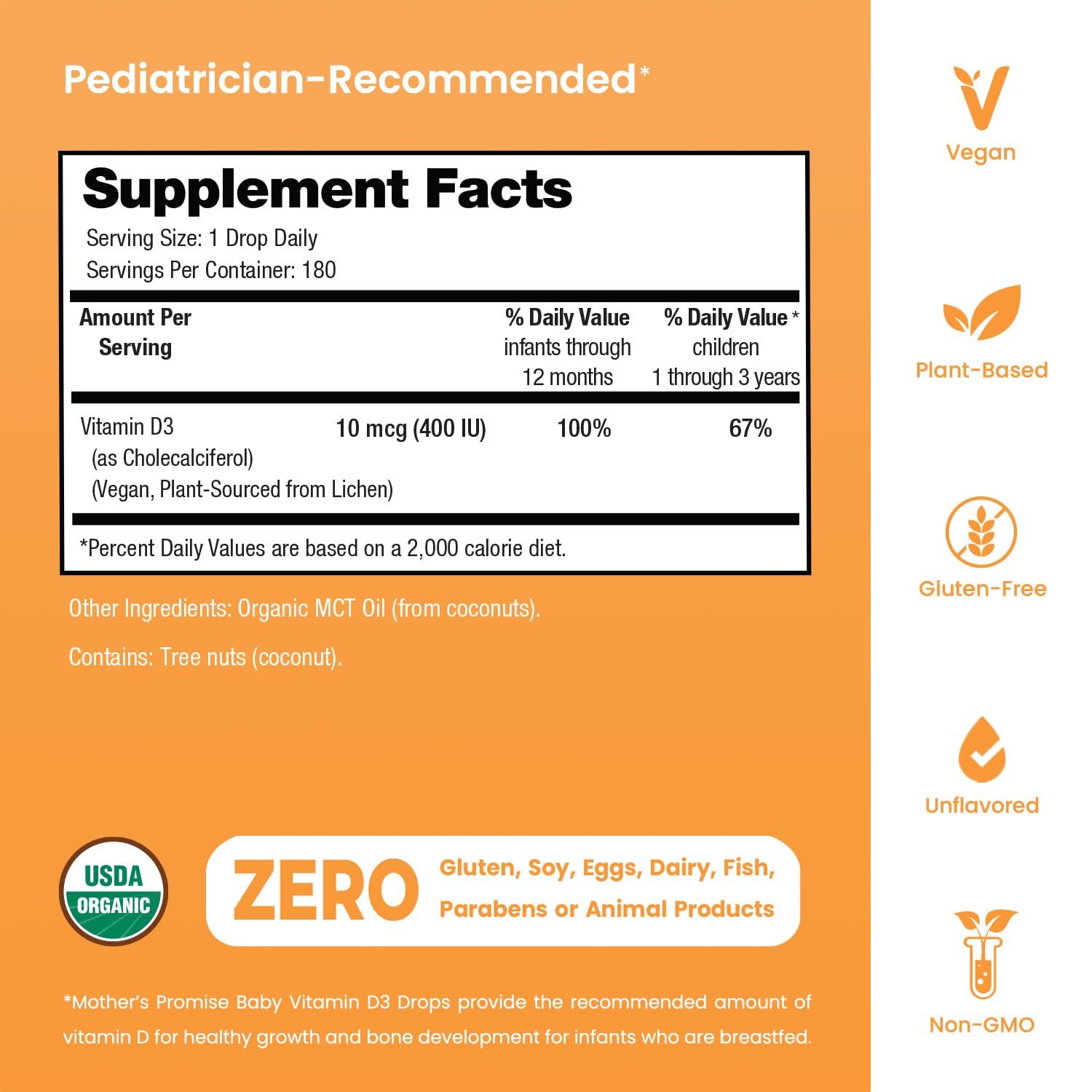 Mother's Promise Vitamin D3 Drops packaging with ingredients