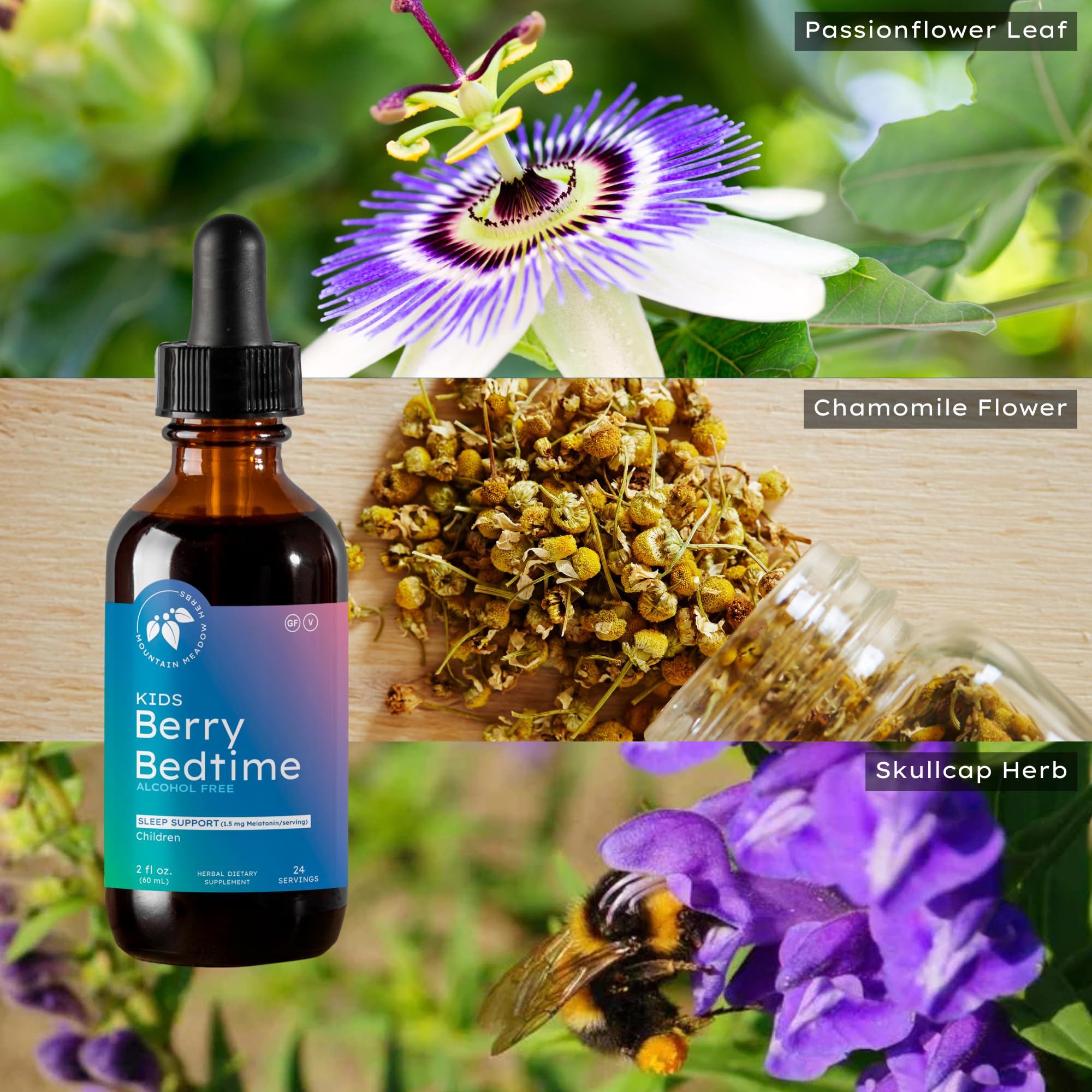 Mountain Meadow Herbs Berry Bedtime Kids Drops 2 oz with ingredients displayed