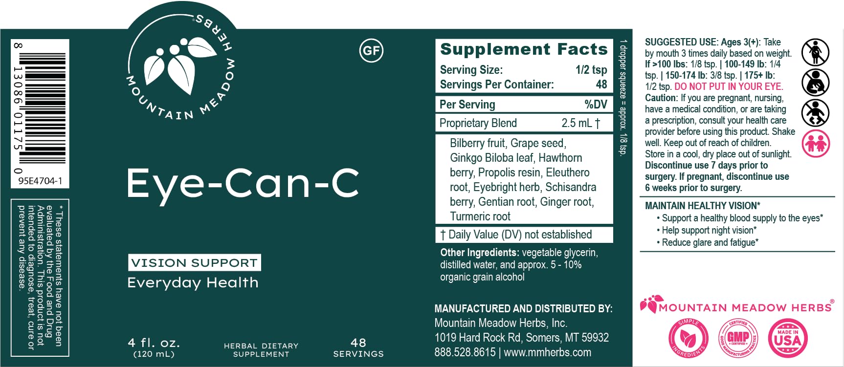 Mountain Meadow Herbs Eye-Can-C liquid supplement on a wooden table