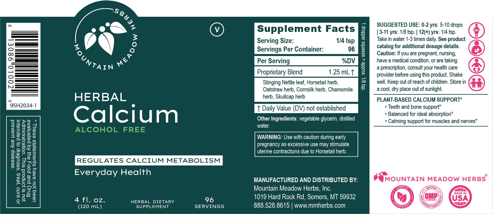 Mountain Meadow Herbs Herbal Calcium Liquid Supplement 4 oz packaging details