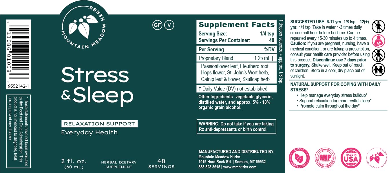 Mountain Meadow Herbs Stress & Sleep Liquid Herbal Supplement 2 oz packaging