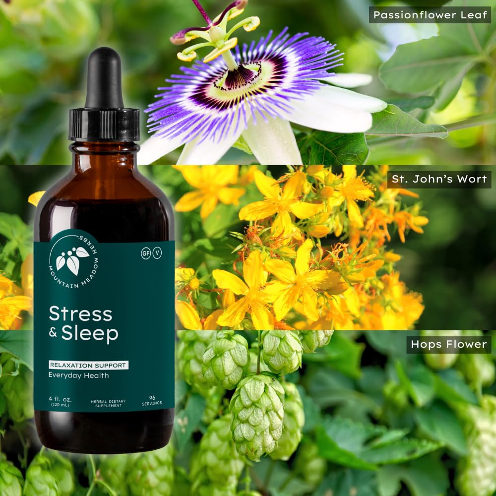 Mountain Meadow Herbs Stress & Sleep Liquid Herbal Supplement 4 oz in a lifestyle setting