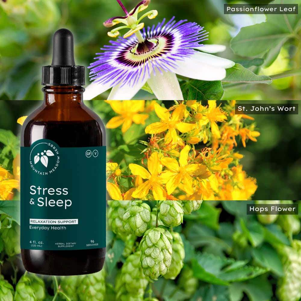 Mountain Meadow Herbs Stress & Sleep Liquid Herbal Supplement 4 oz in a lifestyle setting