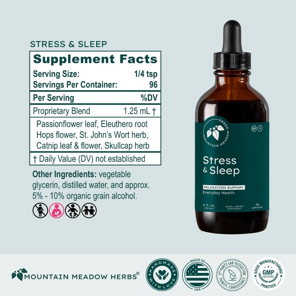 Mountain Meadow Herbs Stress & Sleep Liquid Herbal Supplement 4 oz with ingredients list