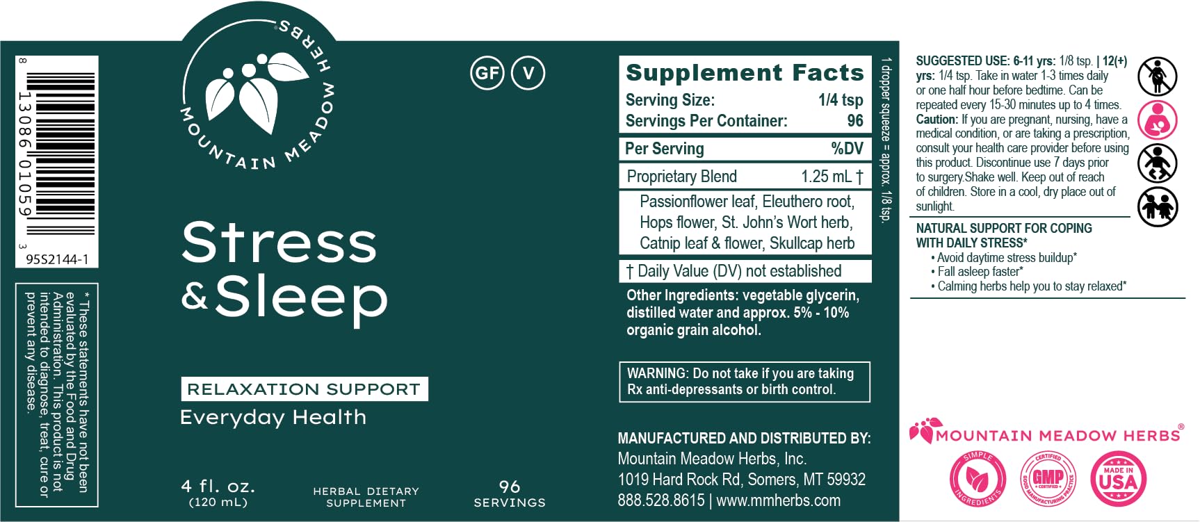 Mountain Meadow Herbs Stress & Sleep Liquid Herbal Supplement 4 oz with dropper