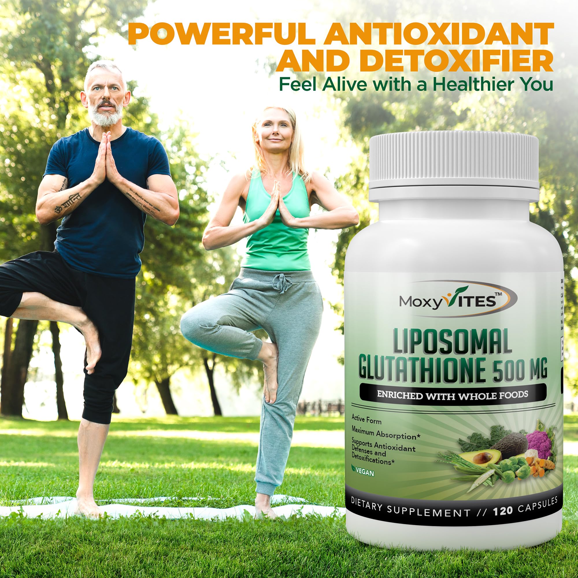 MoxyVites Liposomal Glutathione 500mg supplement with measuring spoon