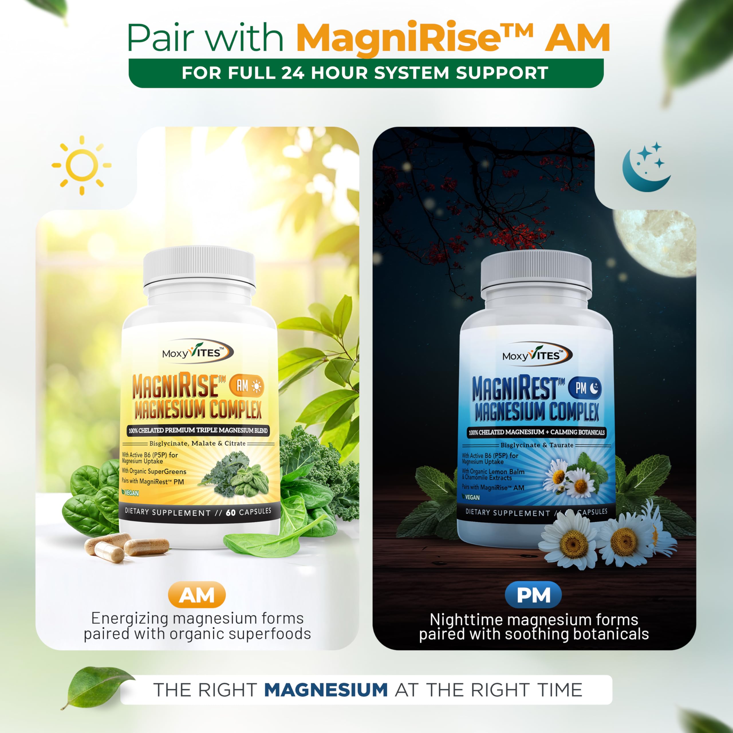 MoxyVites Magnesium Glycinate Nighttime Calm Supplement capsules close-up