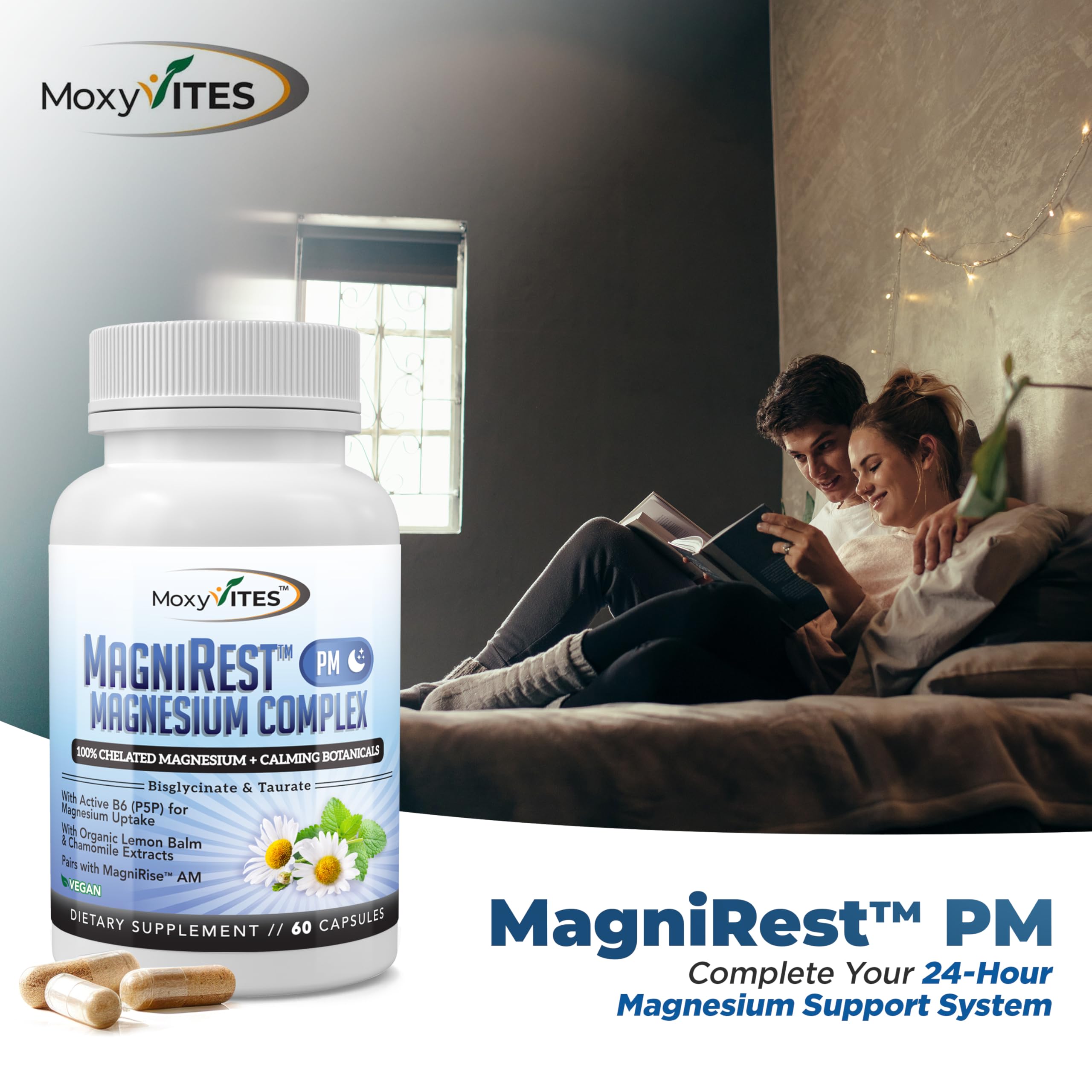 MoxyVites Magnesium Glycinate Nighttime Calm Supplement on a wooden table