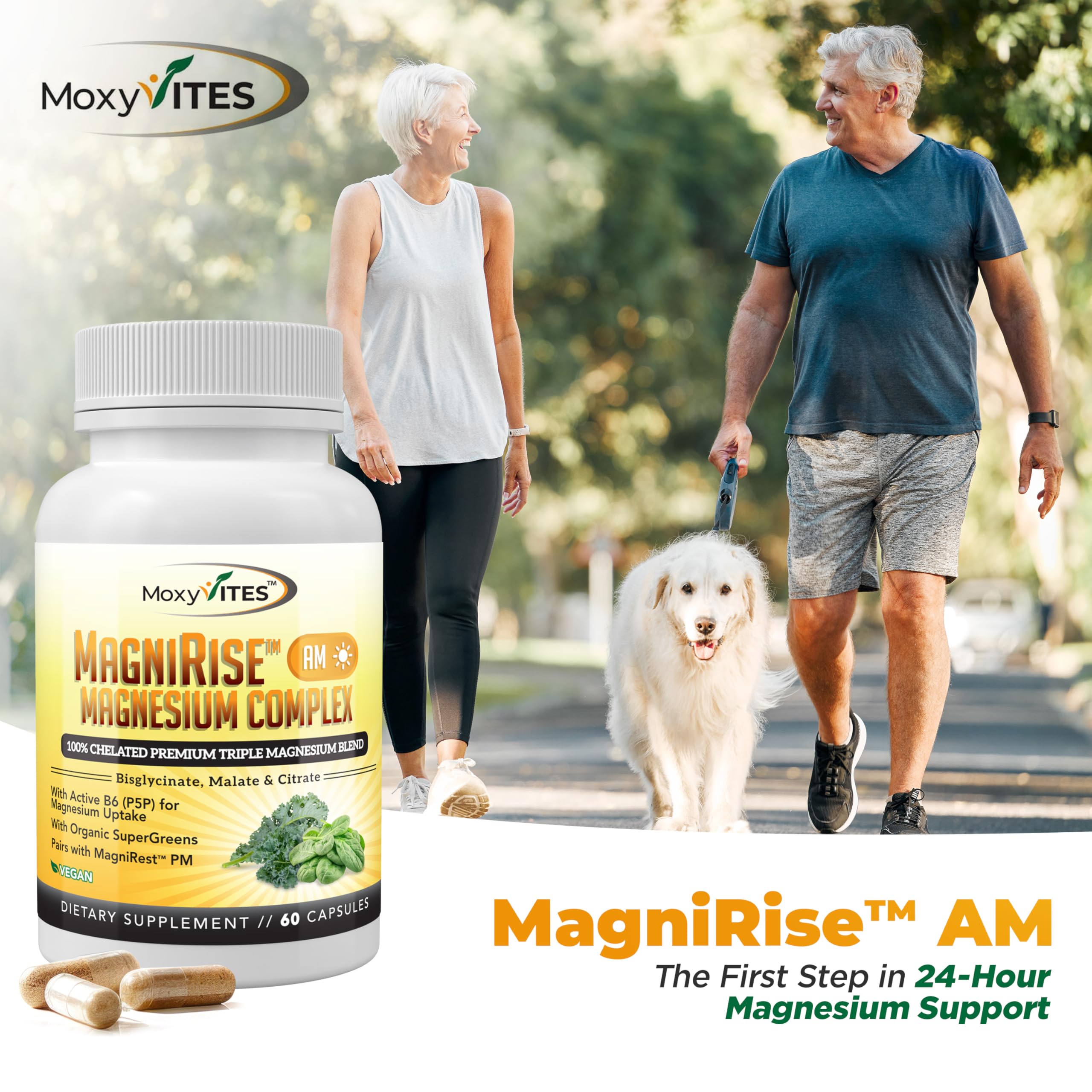 MoxyVites MagniRise AM Magnesium Supplement 200mg on a wooden table