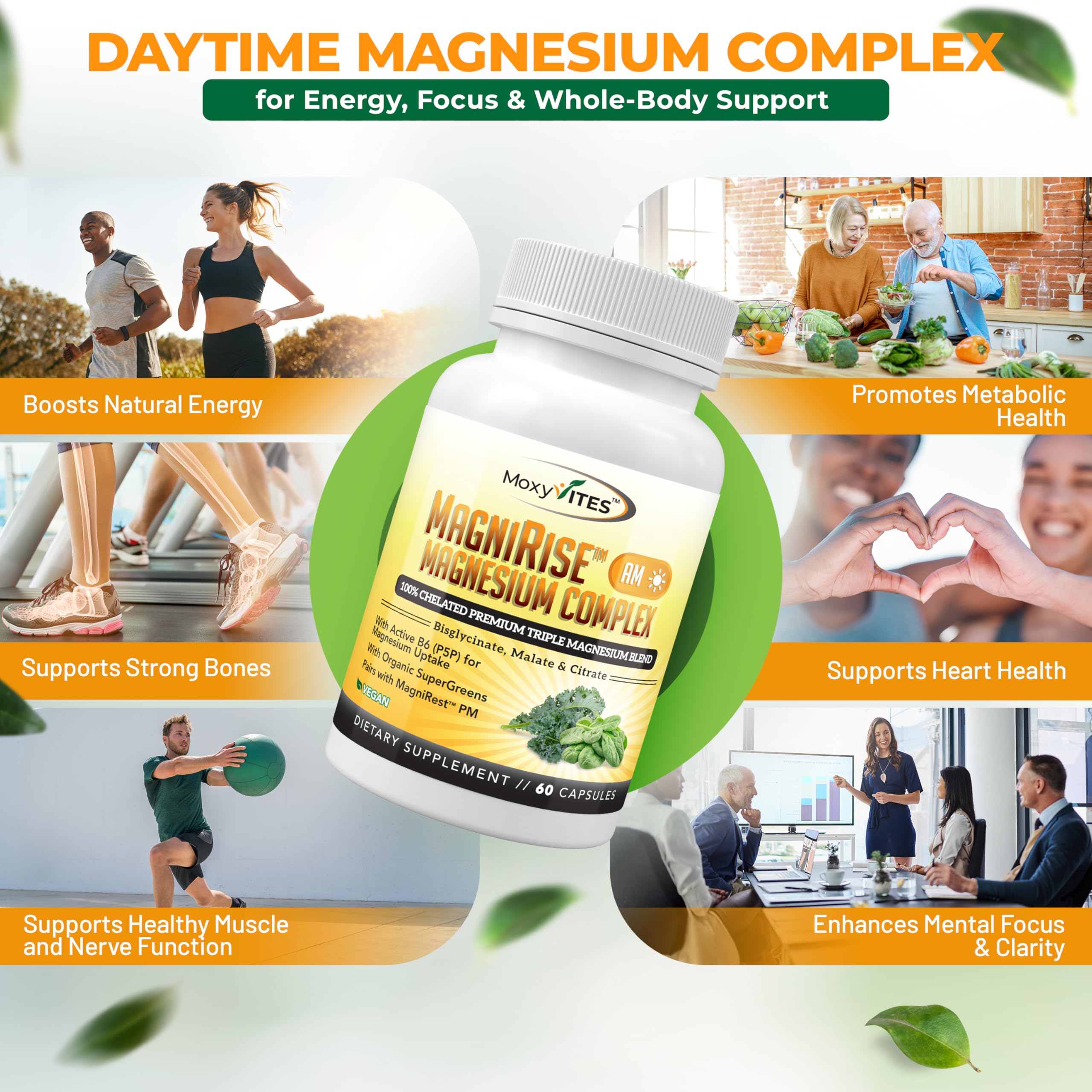MoxyVites MagniRise AM Magnesium Supplement 200mg with organic spinach and kale
