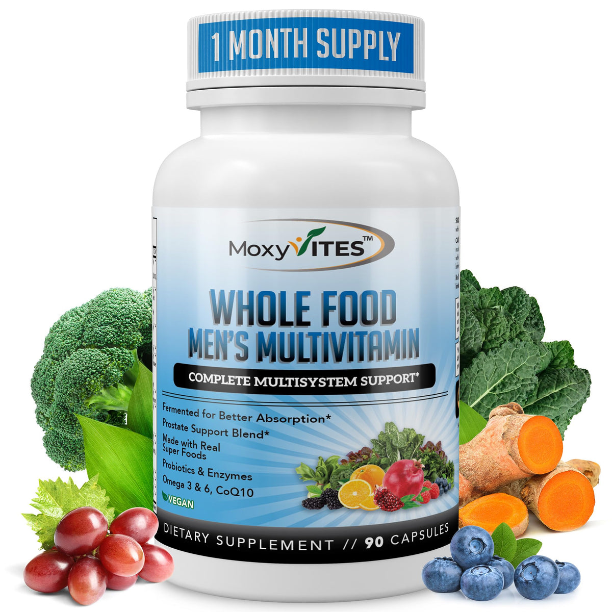 MoxyVites Men's Multivitamin bottle front view with 44 whole food ingredients