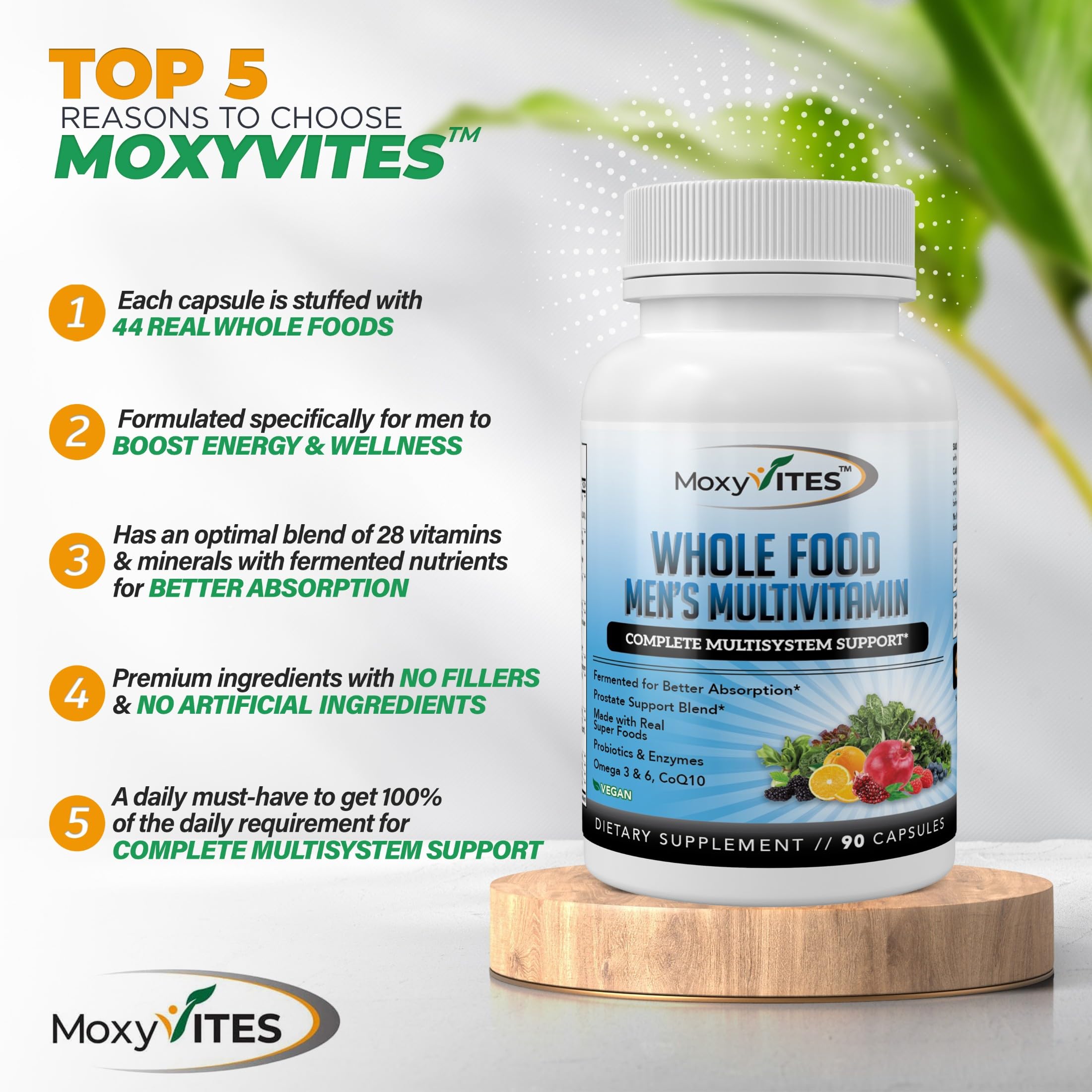 MoxyVites Men's Multivitamin bottle on a wooden table