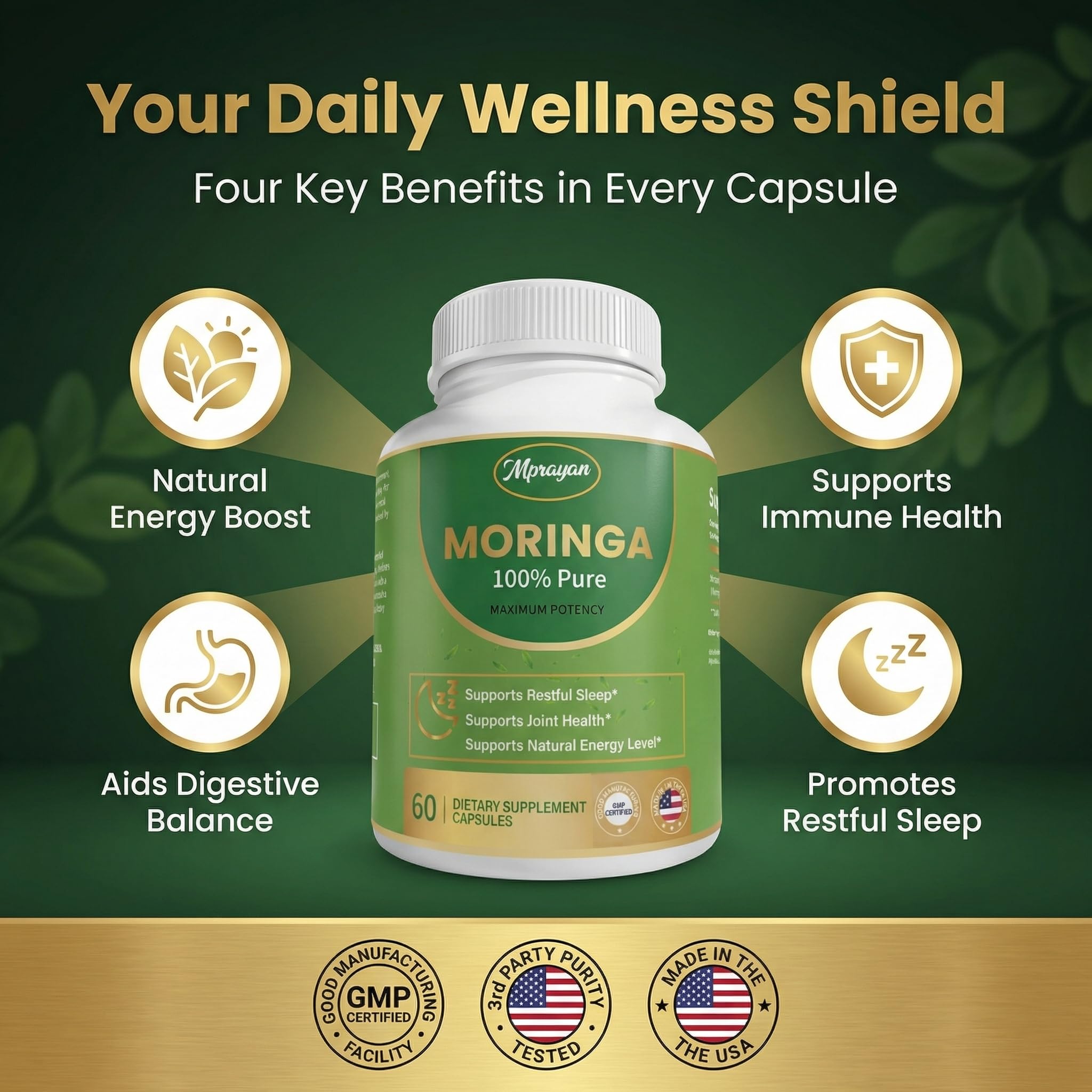 MPRAYAN Moringa Capsules 800mg bottle side view