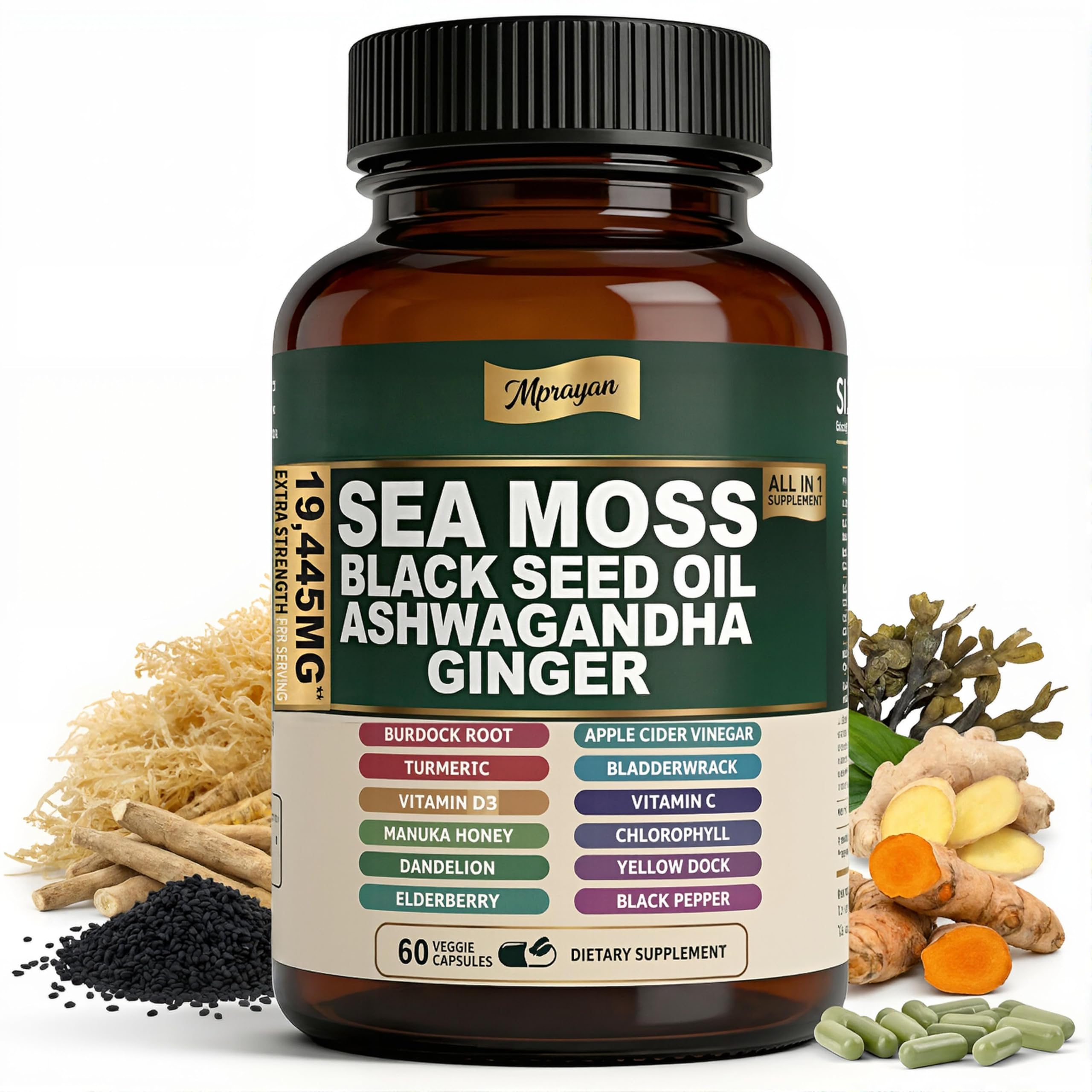 MPRAYAN Sea Moss Capsules front view with bottle label