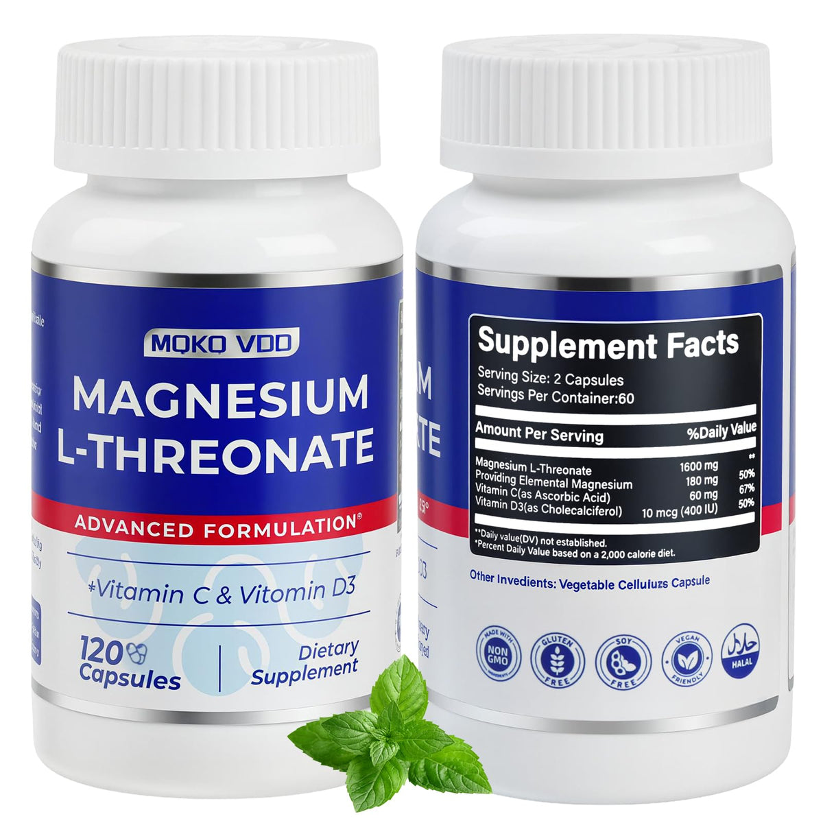 MQKQ VDD Magnesium L-Threonate 3200mg front view of the bottle
