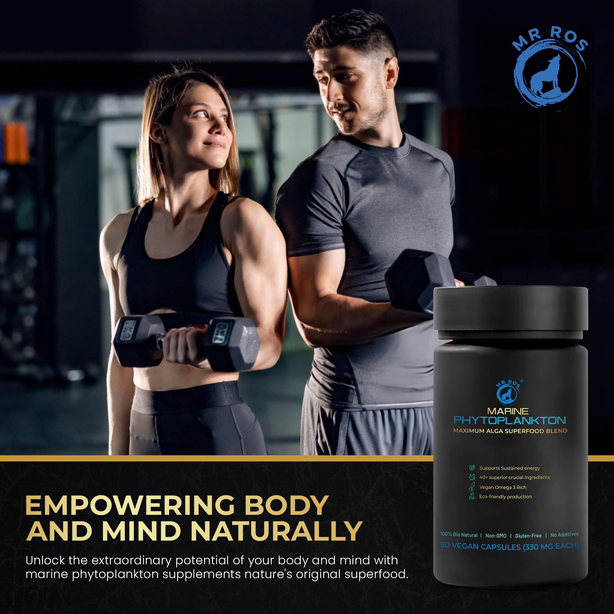 Mr Ros Marine Phytoplankton Supplement capsules on a wooden surface